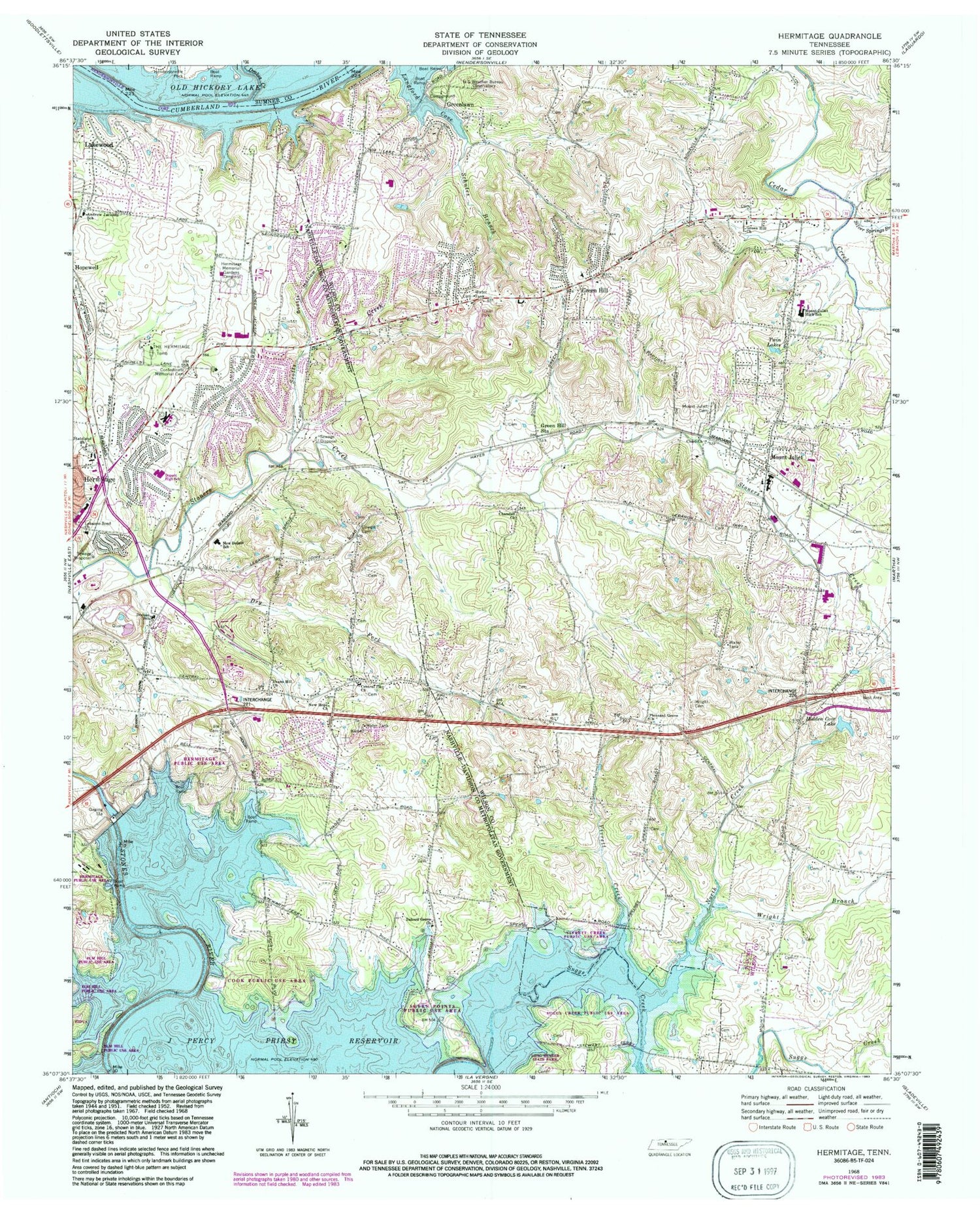 Classic USGS Hermitage Tennessee 7.5'x7.5' Topo Map Image
