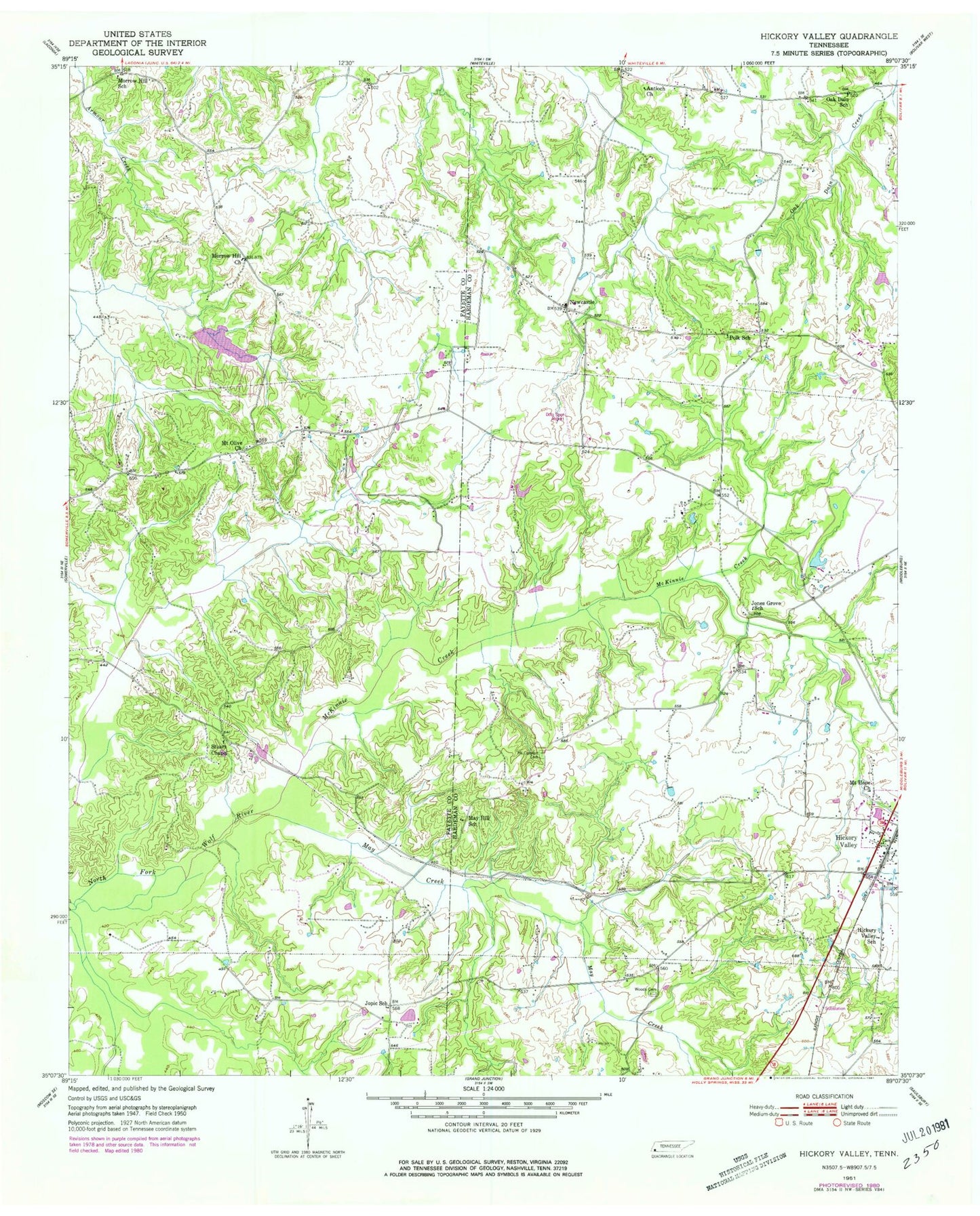 Classic USGS Hickory Valley Tennessee 7.5'x7.5' Topo Map Image