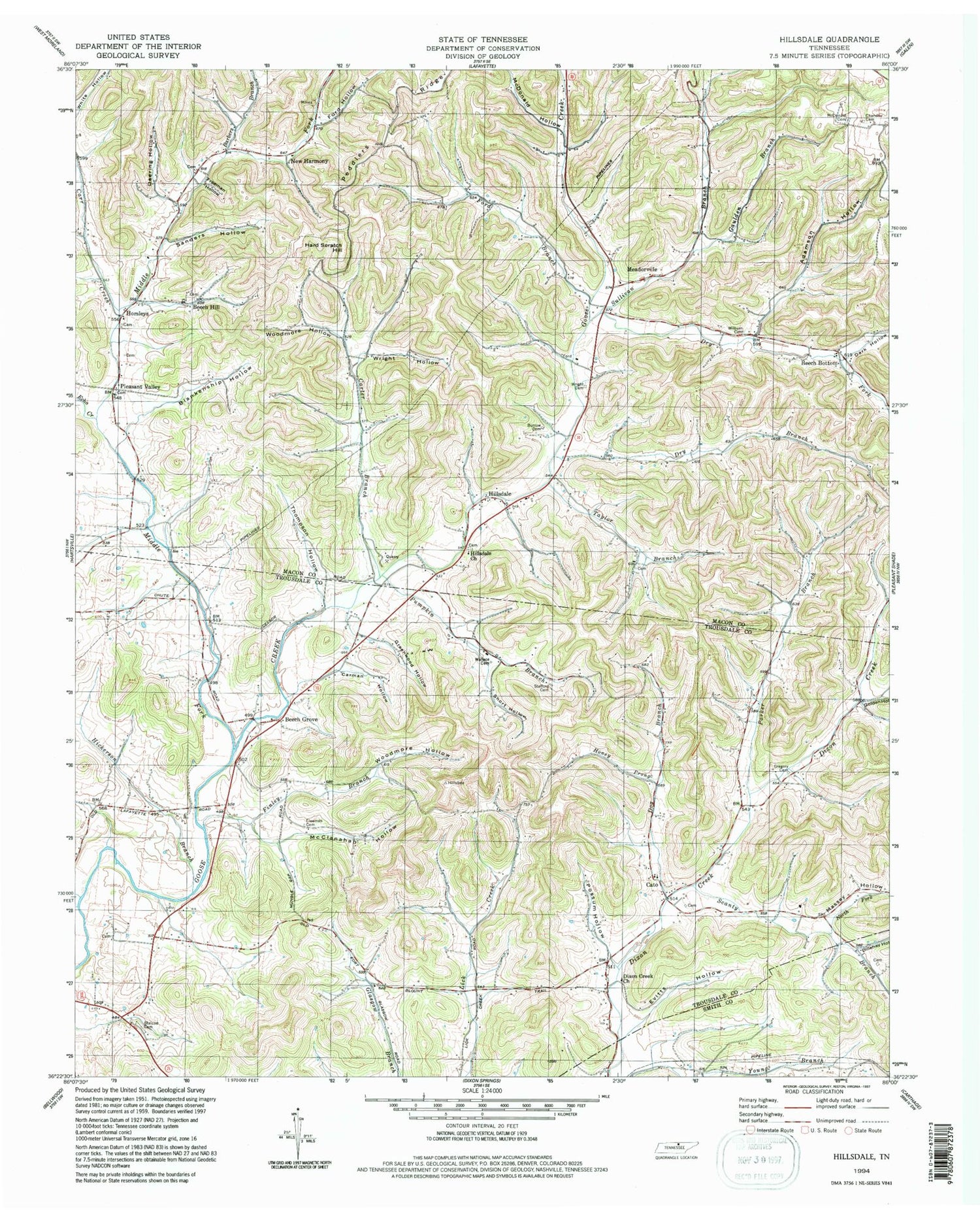 Classic USGS Hillsdale Tennessee 7.5'x7.5' Topo Map Image
