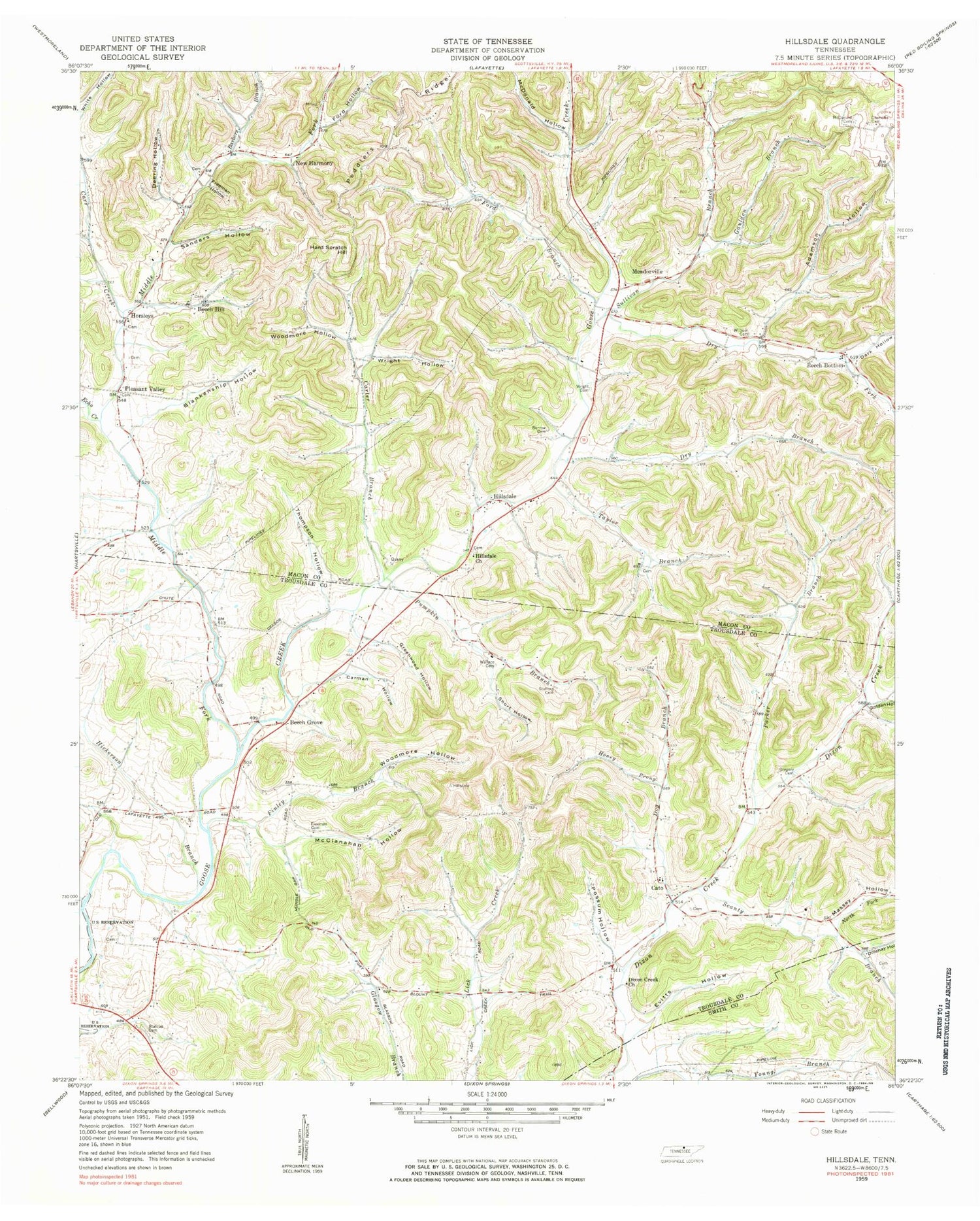 Classic USGS Hillsdale Tennessee 7.5'x7.5' Topo Map Image