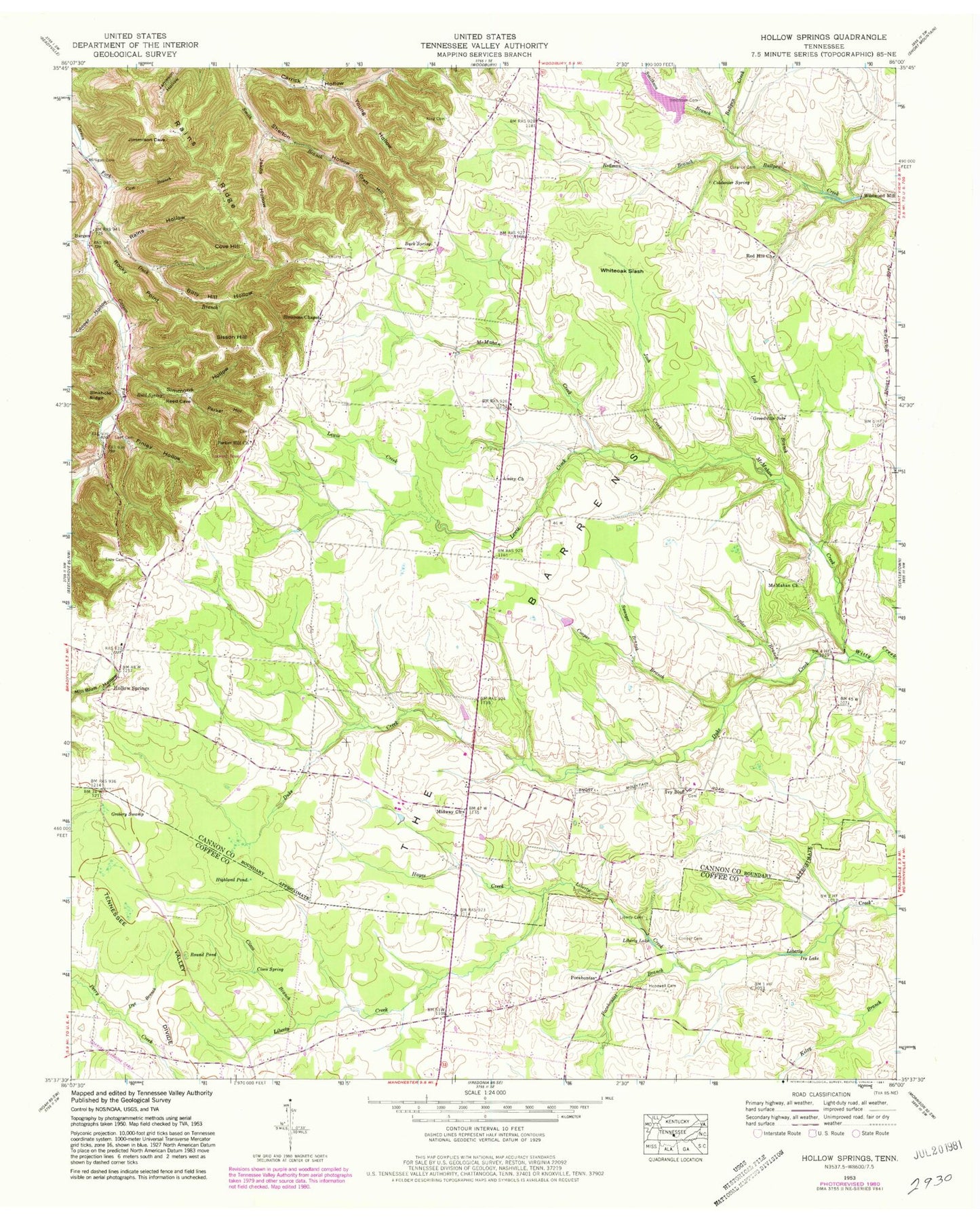 Classic USGS Hollow Springs Tennessee 7.5'x7.5' Topo Map Image
