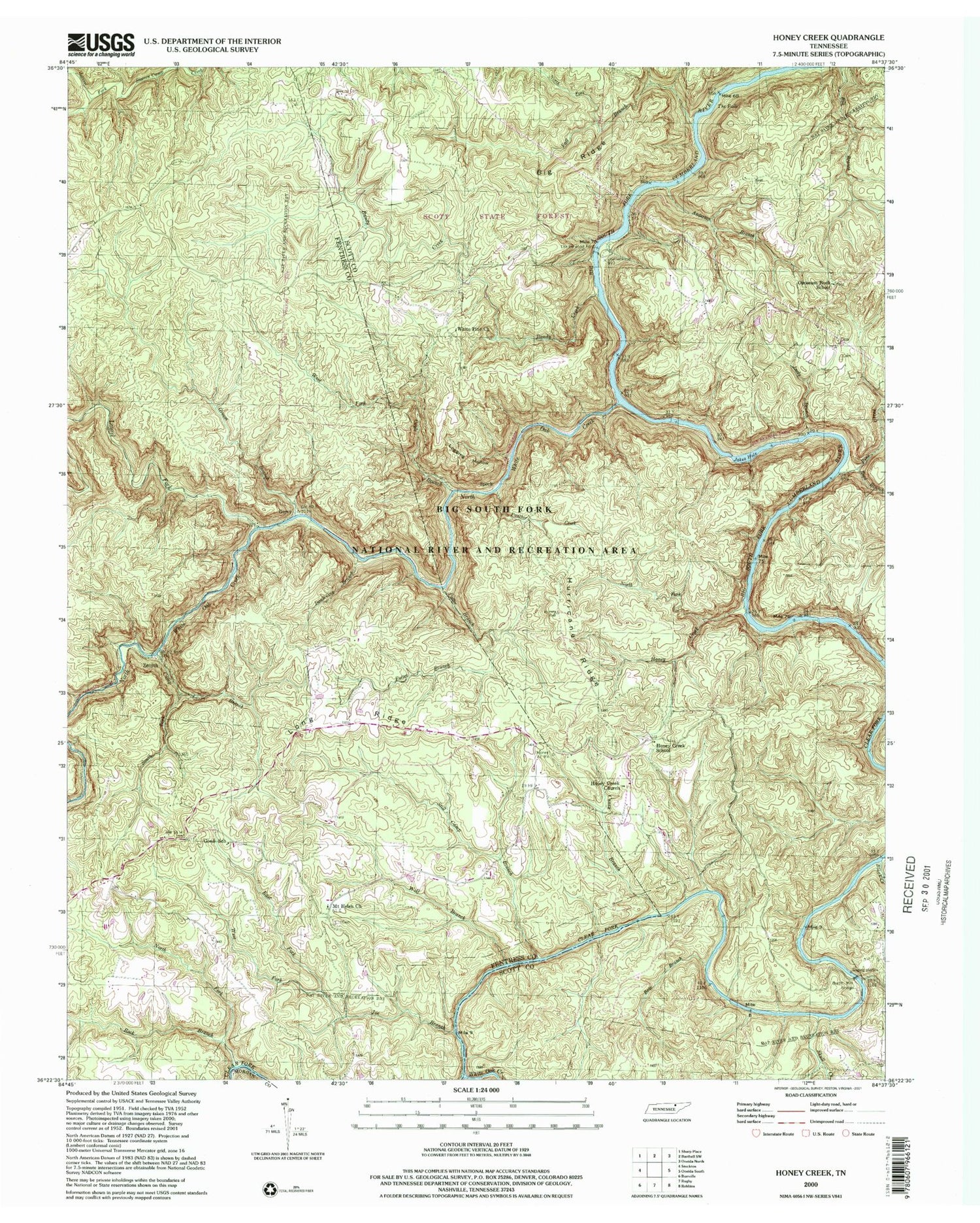 Classic USGS Honey Creek Tennessee 7.5'x7.5' Topo Map Image