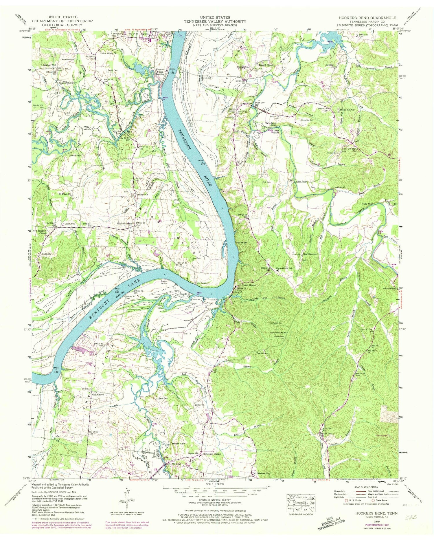 Classic USGS Hookers Bend Tennessee 7.5'x7.5' Topo Map Image