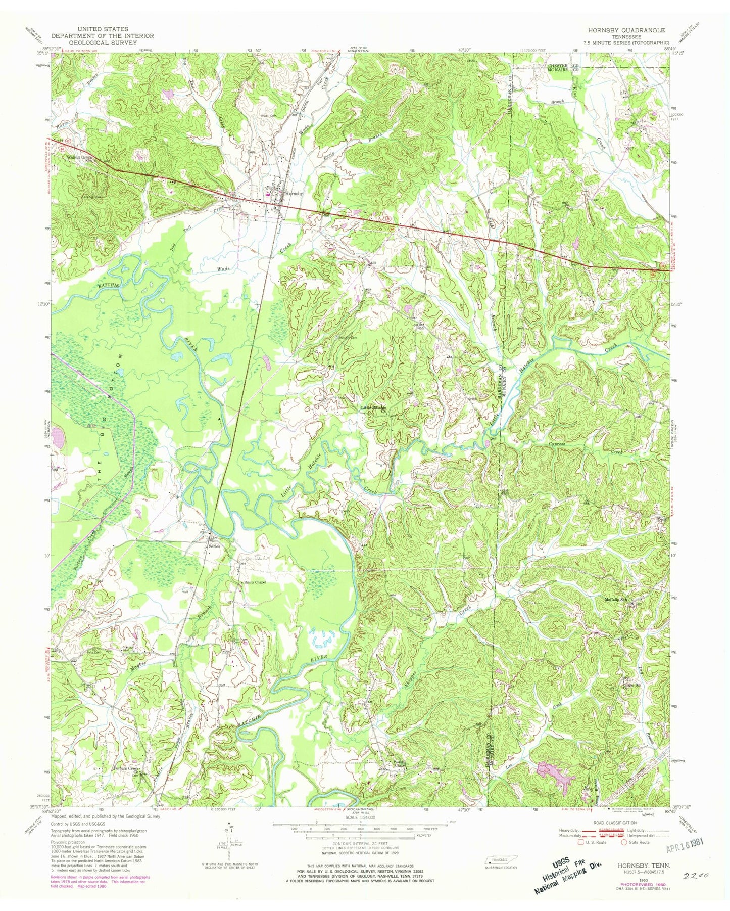Classic USGS Hornsby Tennessee 7.5'x7.5' Topo Map Image