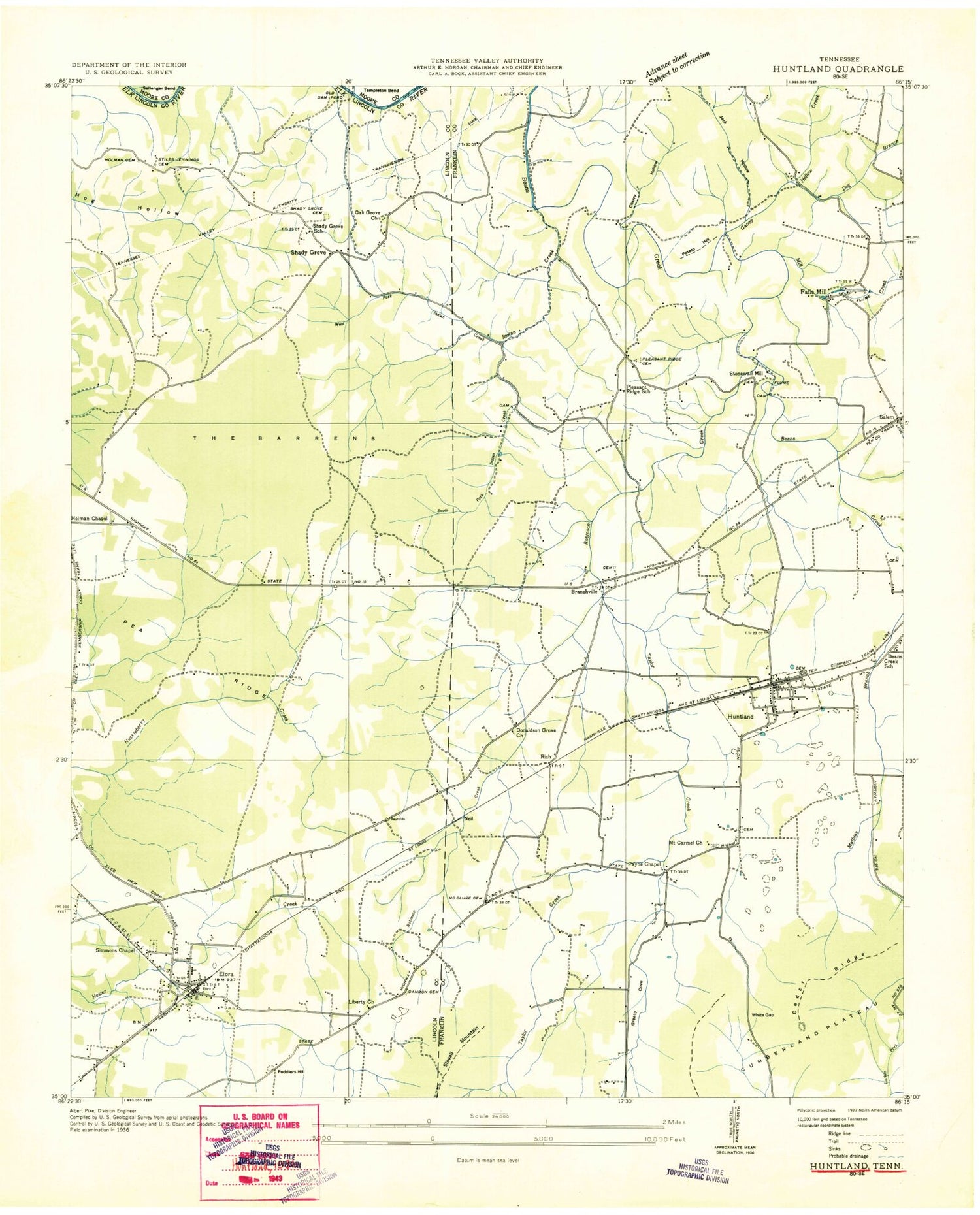Classic USGS Huntland Tennessee 7.5'x7.5' Topo Map Image