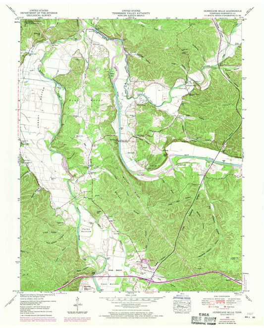 Classic USGS Hurricane Mills Tennessee 7.5'x7.5' Topo Map Image