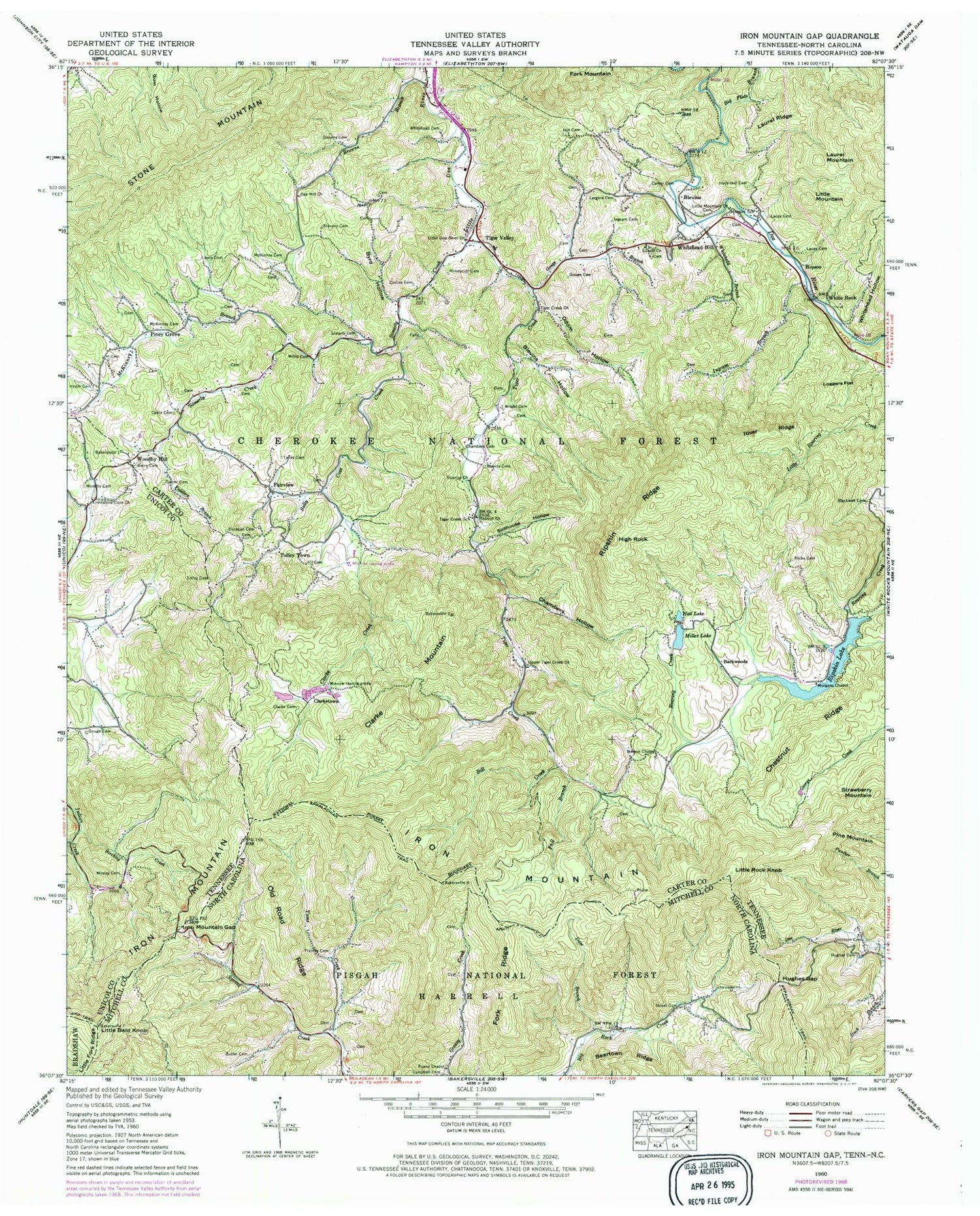 Classic USGS Iron Mountain Gap Tennessee 7.5'x7.5' Topo Map Image