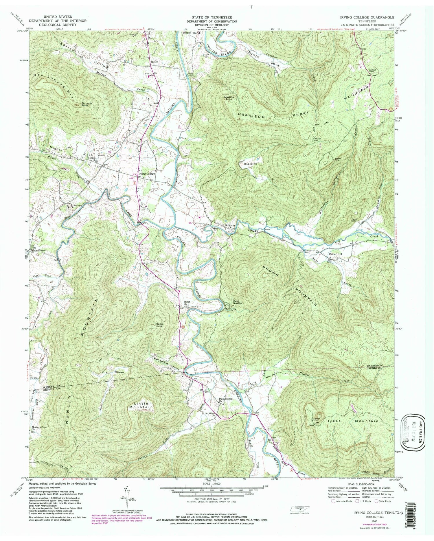 Classic USGS Irving College Tennessee 7.5'x7.5' Topo Map Image