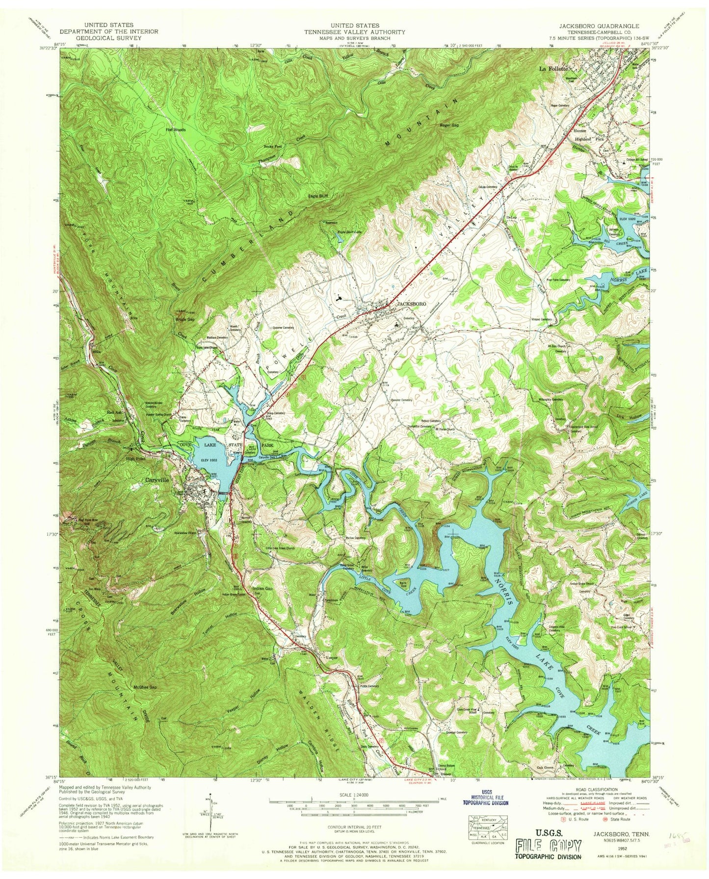 Classic USGS Jacksboro Tennessee 7.5'x7.5' Topo Map Image