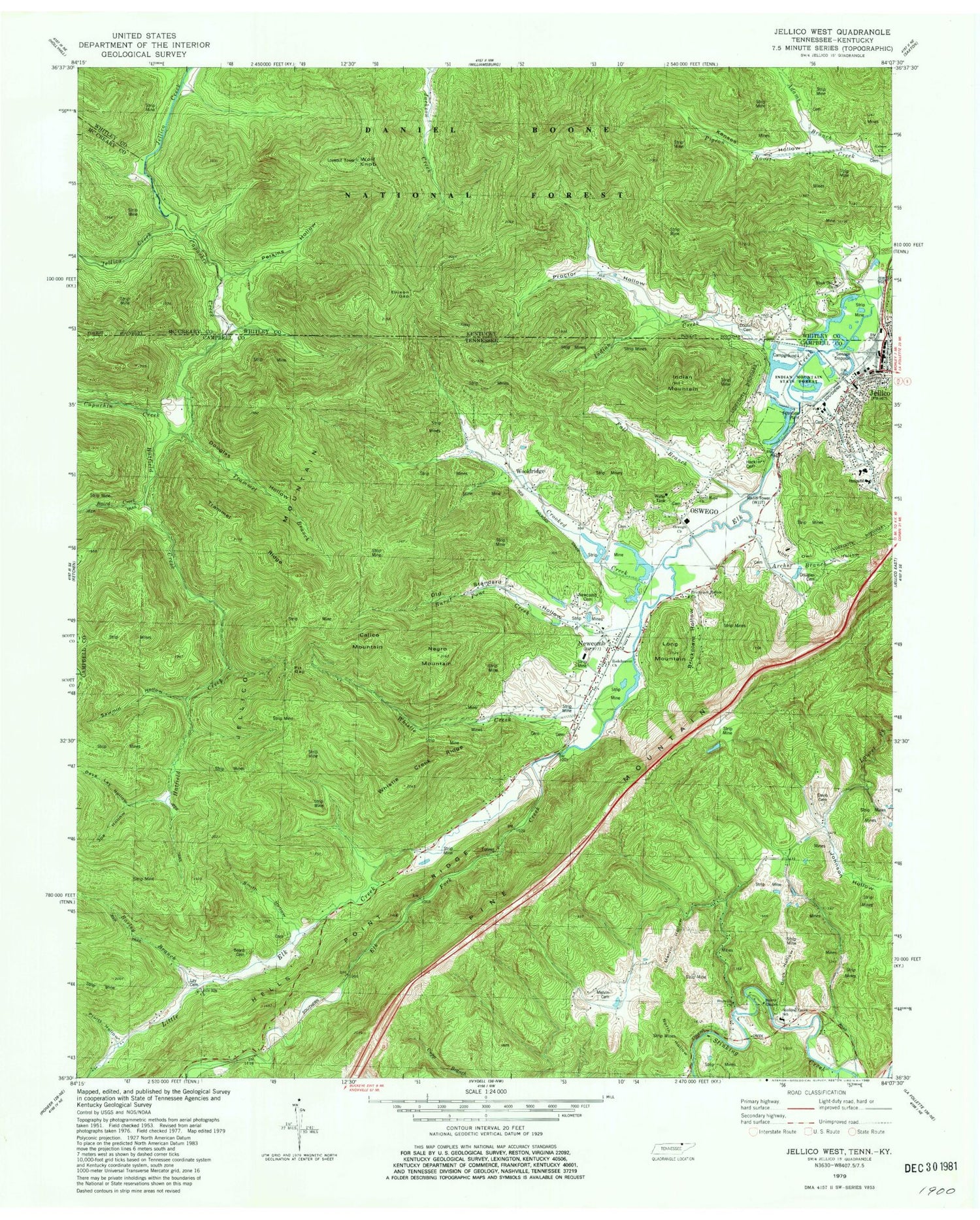 Classic USGS Jellico West Tennessee 7.5'x7.5' Topo Map Image