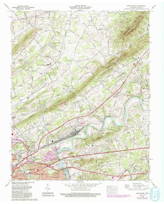 Classic USGS John Sevier Tennessee 7.5'x7.5' Topo Map Image