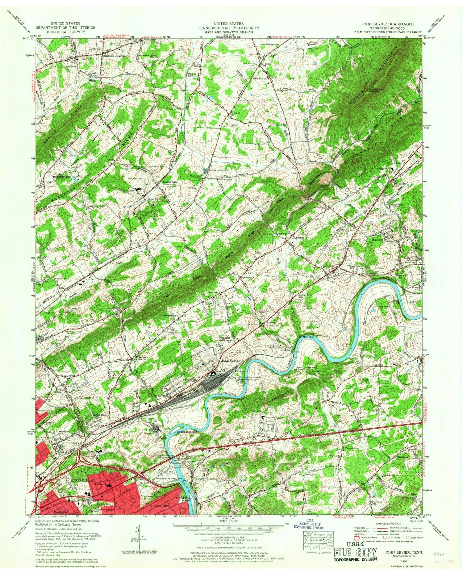 Classic USGS John Sevier Tennessee 7.5'x7.5' Topo Map Image