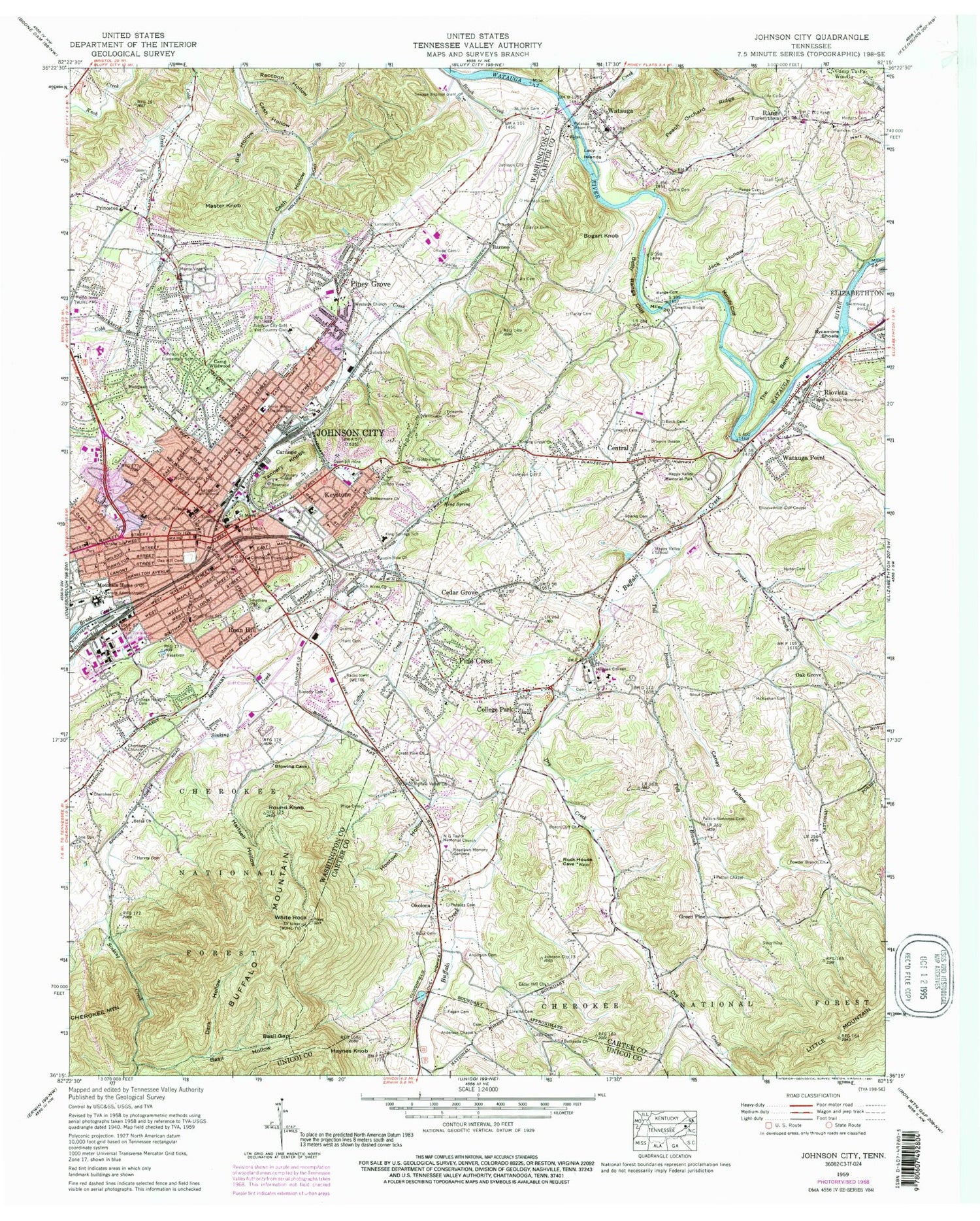 Classic USGS Johnson City Tennessee 7.5'x7.5' Topo Map Image