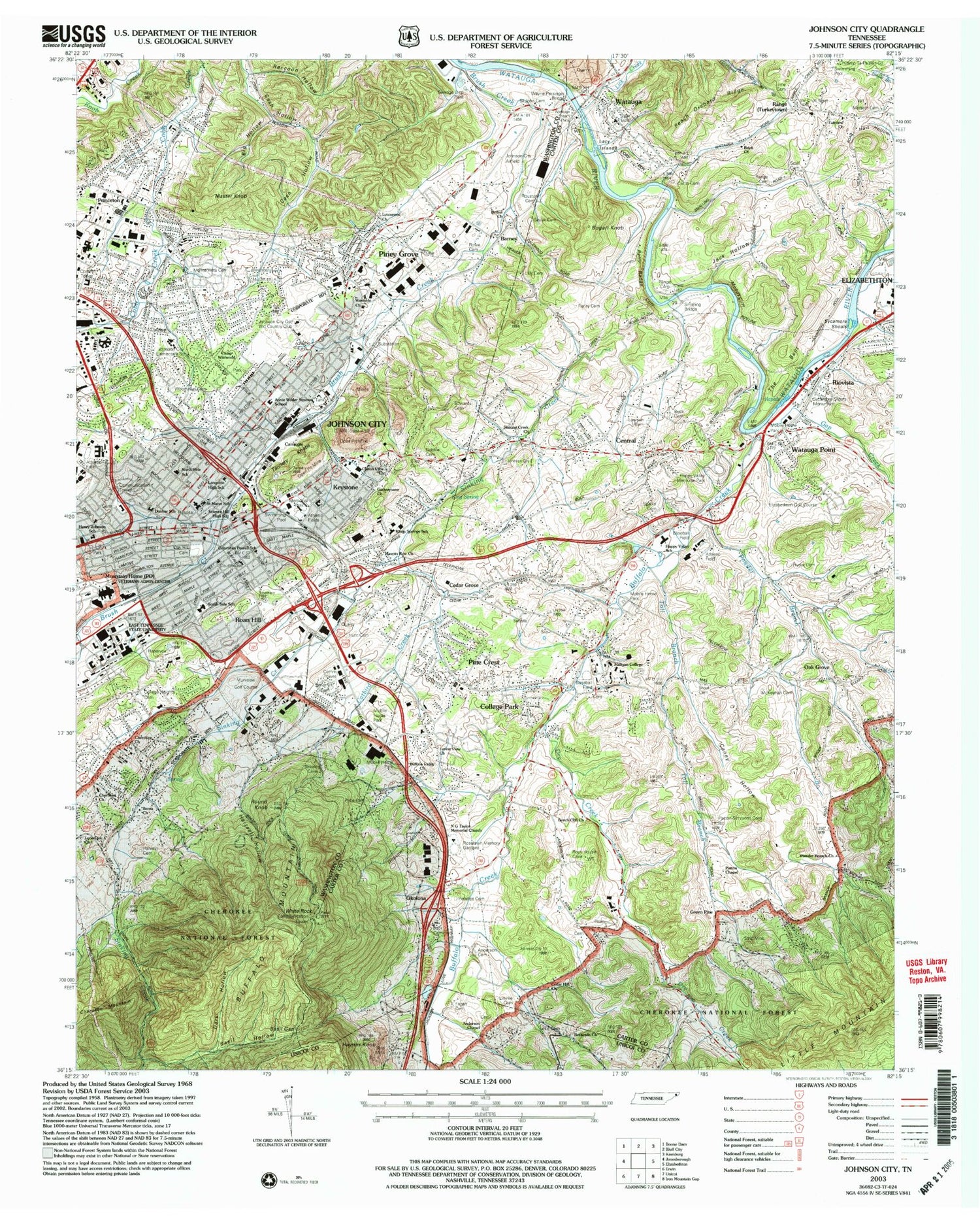 Classic USGS Johnson City Tennessee 7.5'x7.5' Topo Map Image
