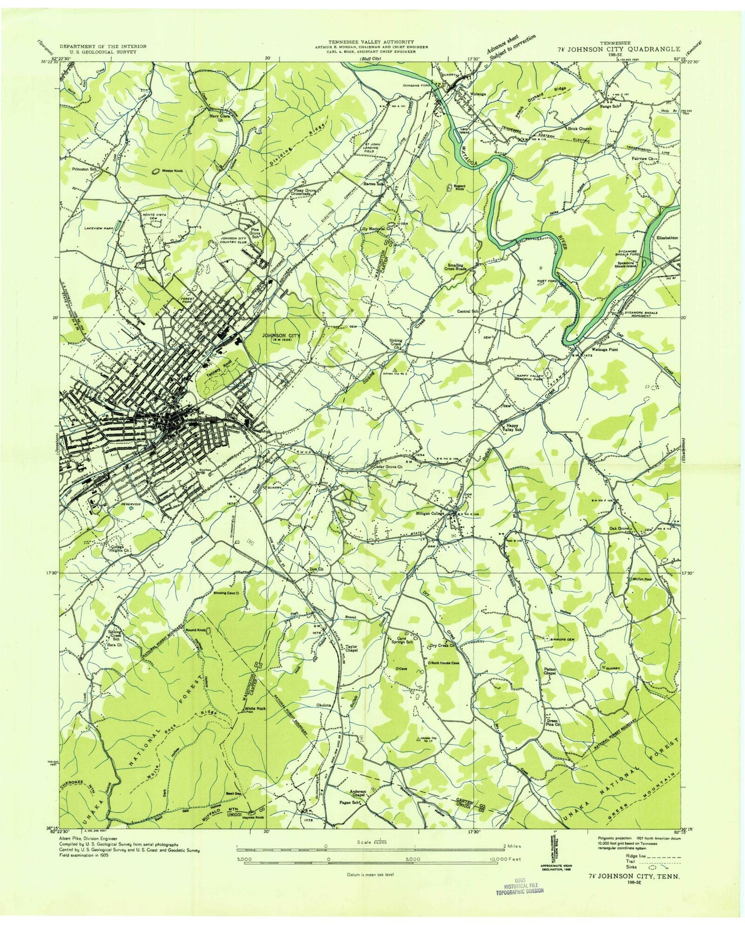 Classic USGS Johnson City Tennessee 7.5'x7.5' Topo Map Image