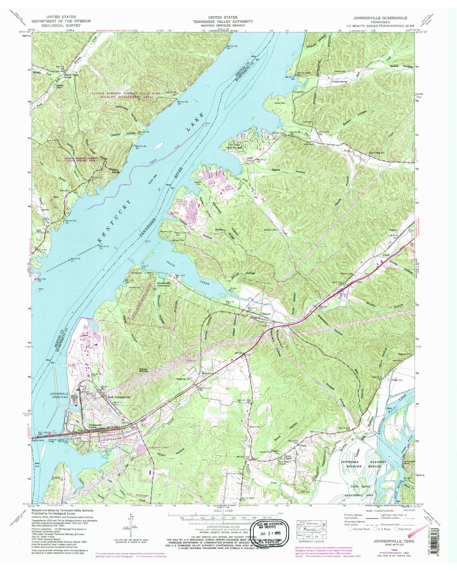 Classic USGS Johnsonville Tennessee 7.5'x7.5' Topo Map Image
