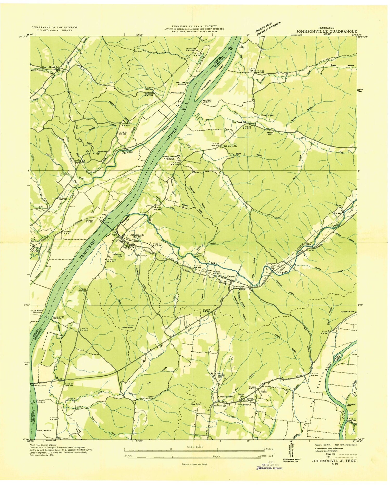 Classic USGS Johnsonville Tennessee 7.5'x7.5' Topo Map Image