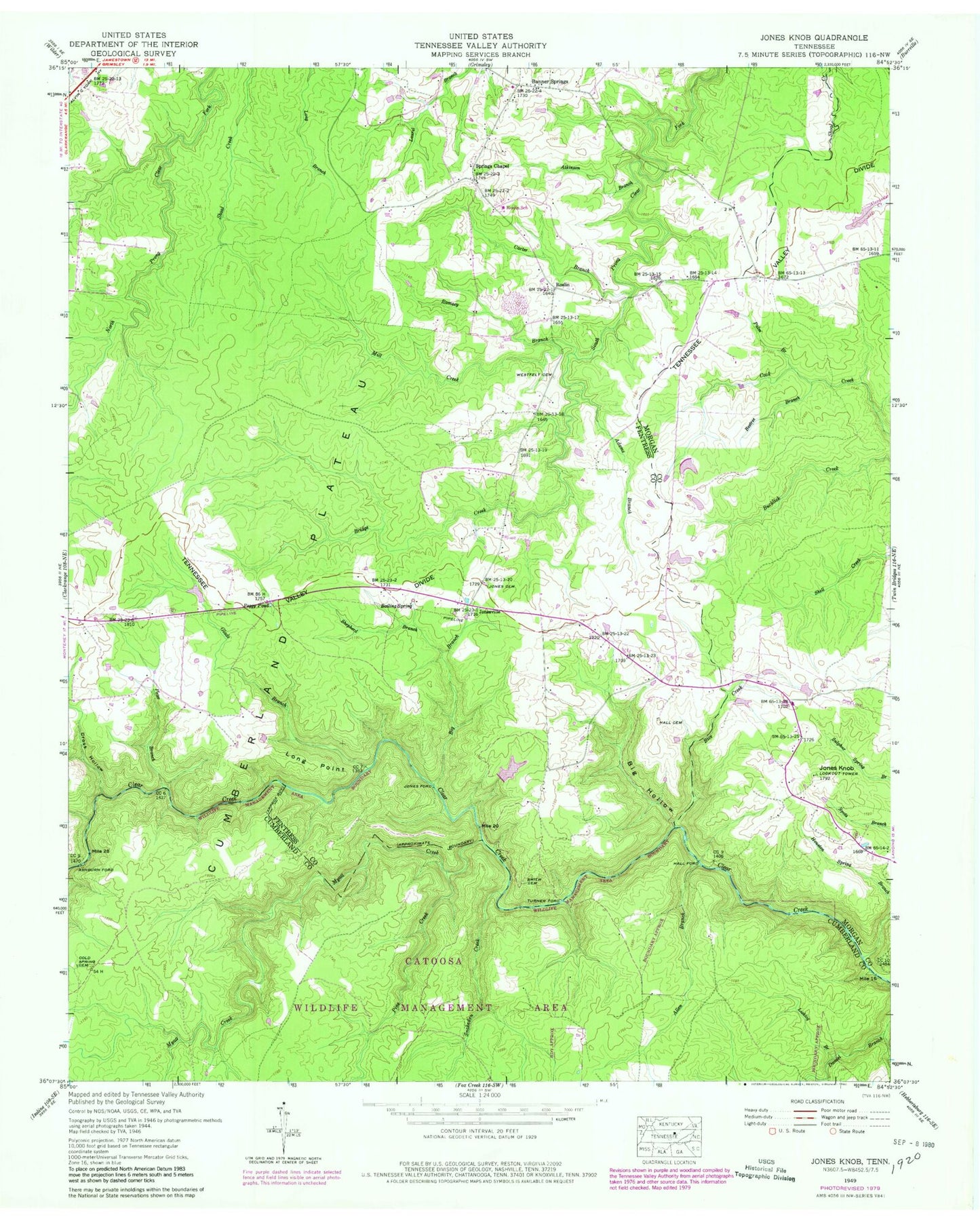 Classic USGS Jones Knob Tennessee 7.5'x7.5' Topo Map Image