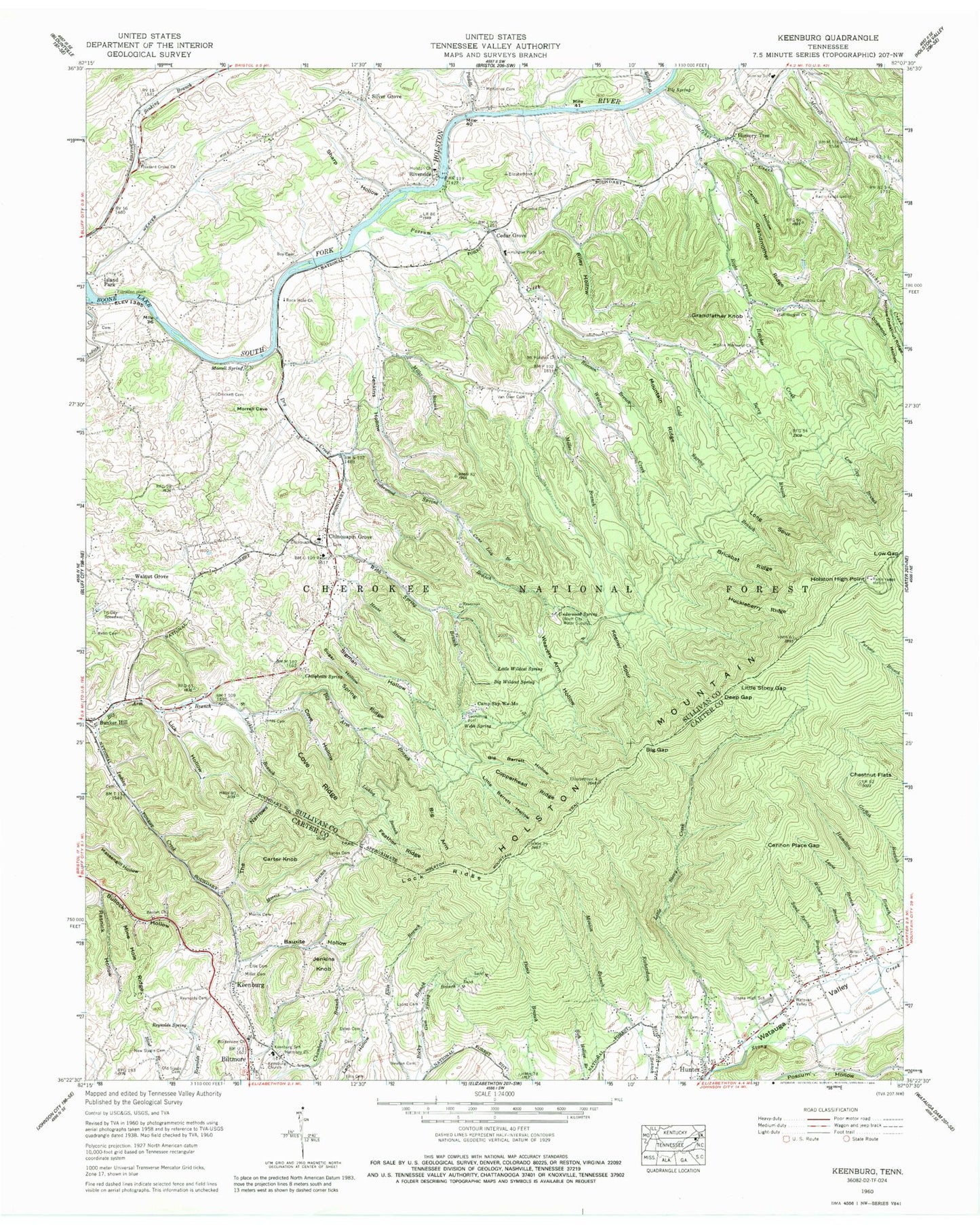Classic USGS Keenburg Tennessee 7.5'x7.5' Topo Map Image