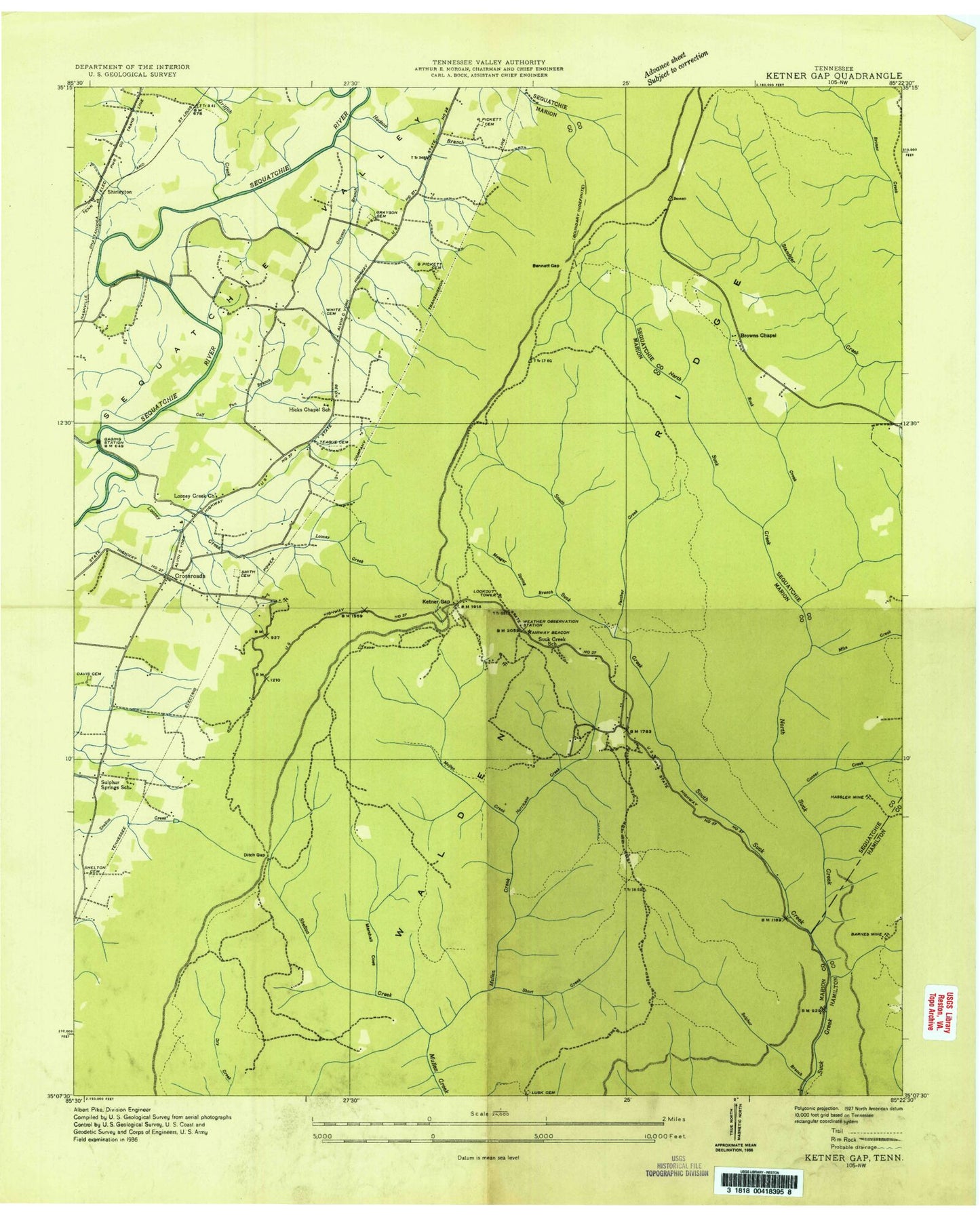 Classic USGS Ketner Gap Tennessee 7.5'x7.5' Topo Map Image