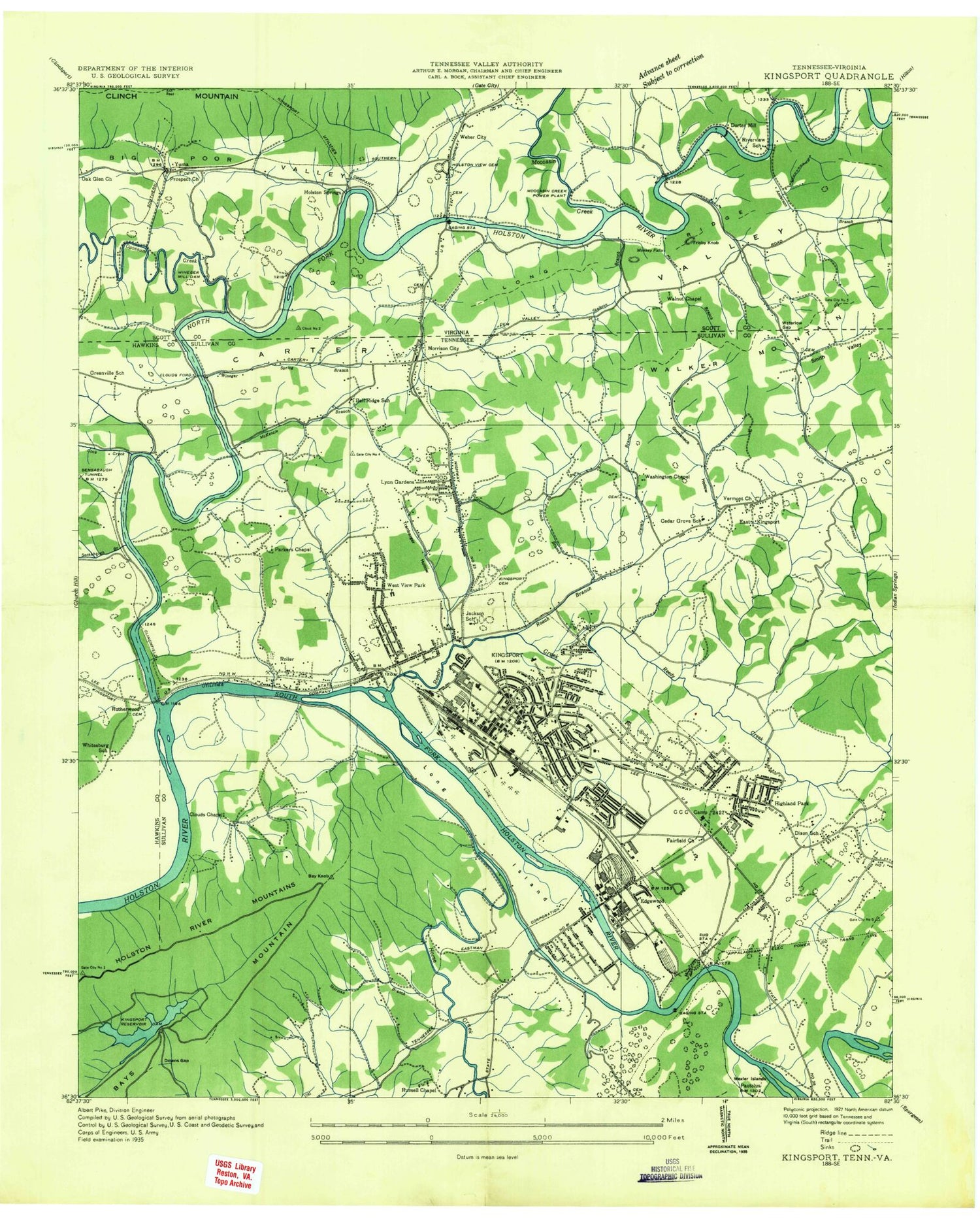 Classic USGS Kingsport Tennessee 7.5'x7.5' Topo Map Image