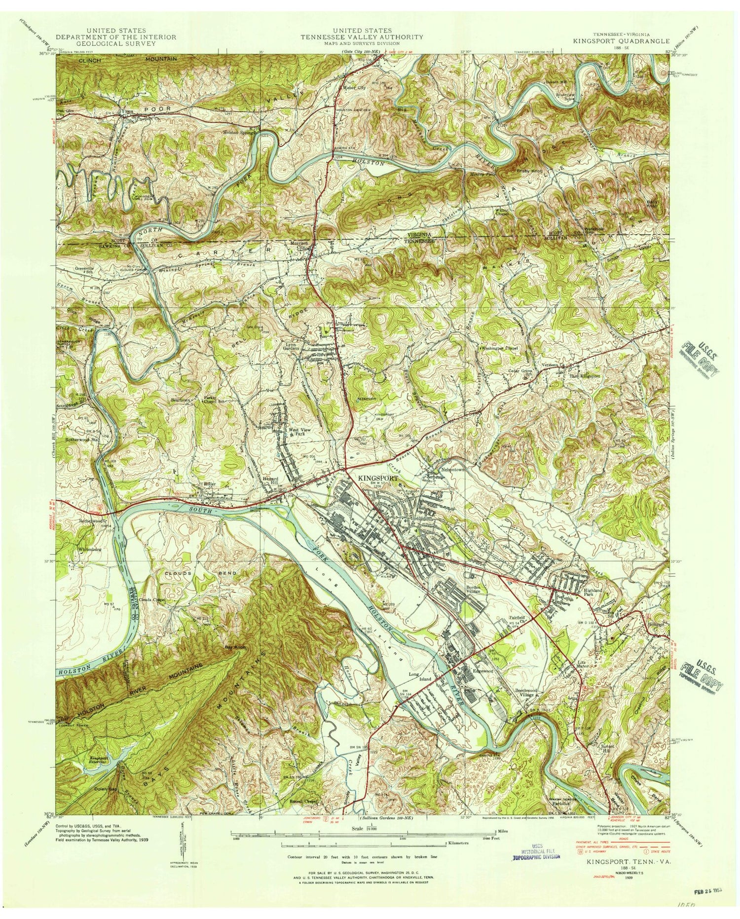 Classic USGS Kingsport Tennessee 7.5'x7.5' Topo Map Image