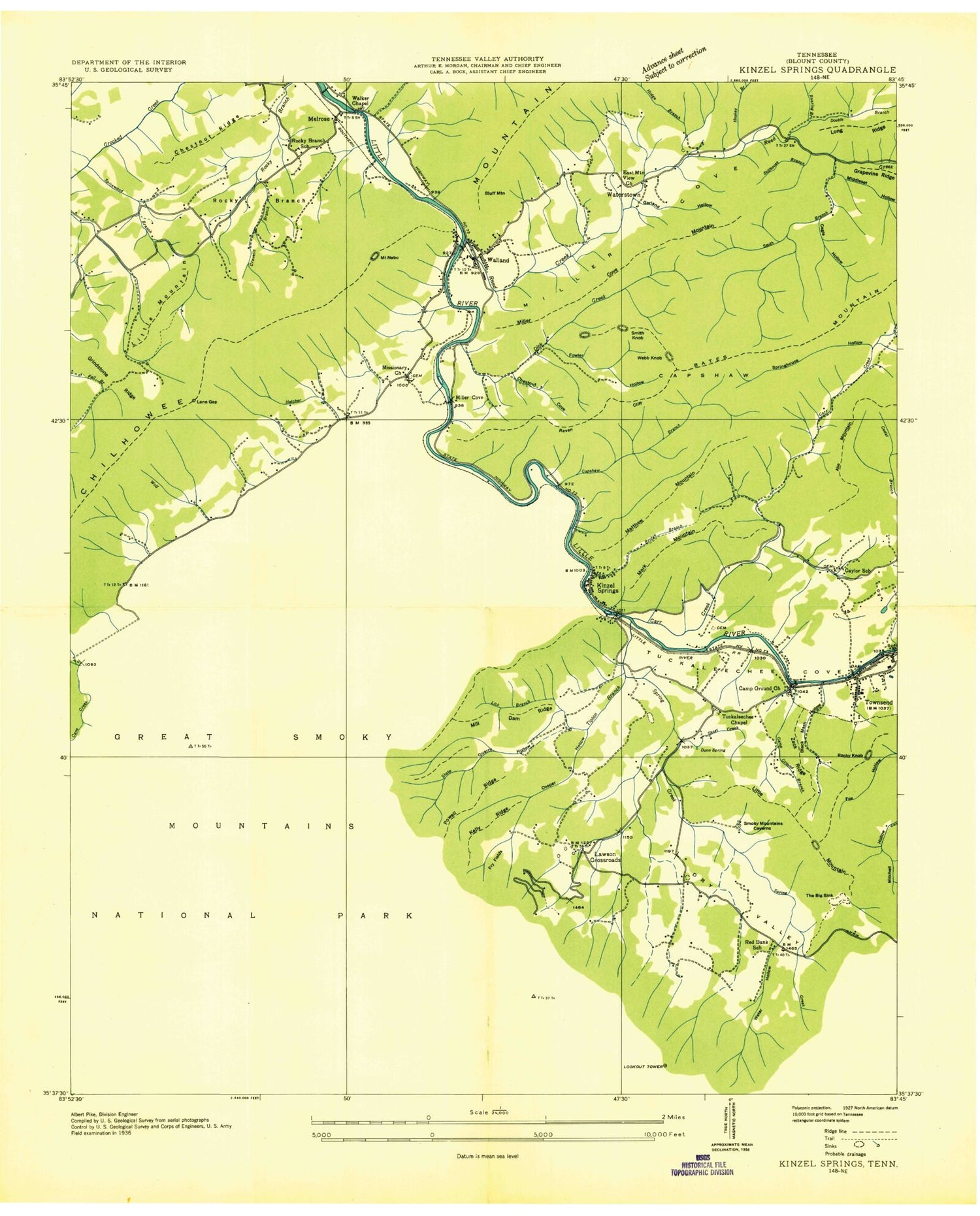 Classic USGS Kinzel Springs Tennessee 7.5'x7.5' Topo Map Image