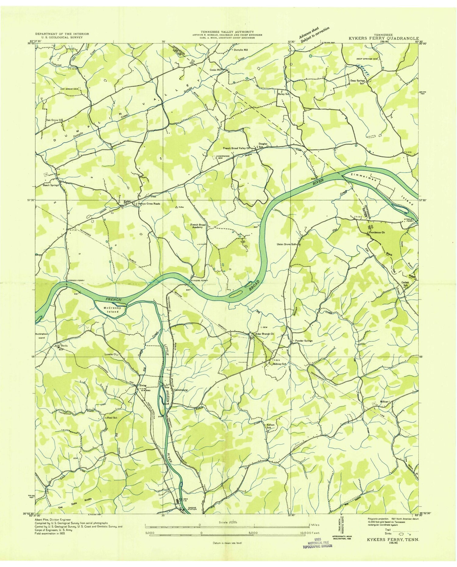 Classic USGS Douglas Dam Tennessee 7.5'x7.5' Topo Map Image