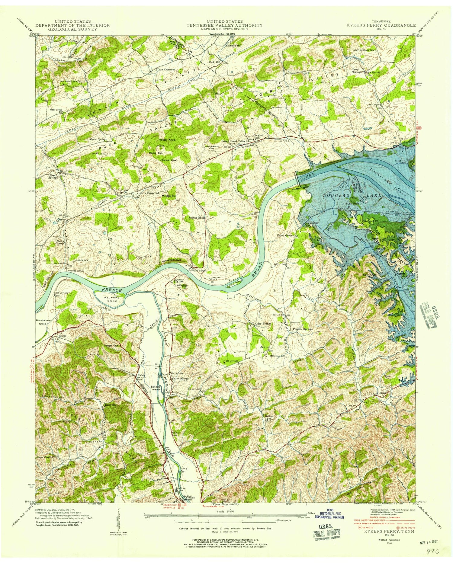 Classic USGS Douglas Dam Tennessee 7.5'x7.5' Topo Map Image