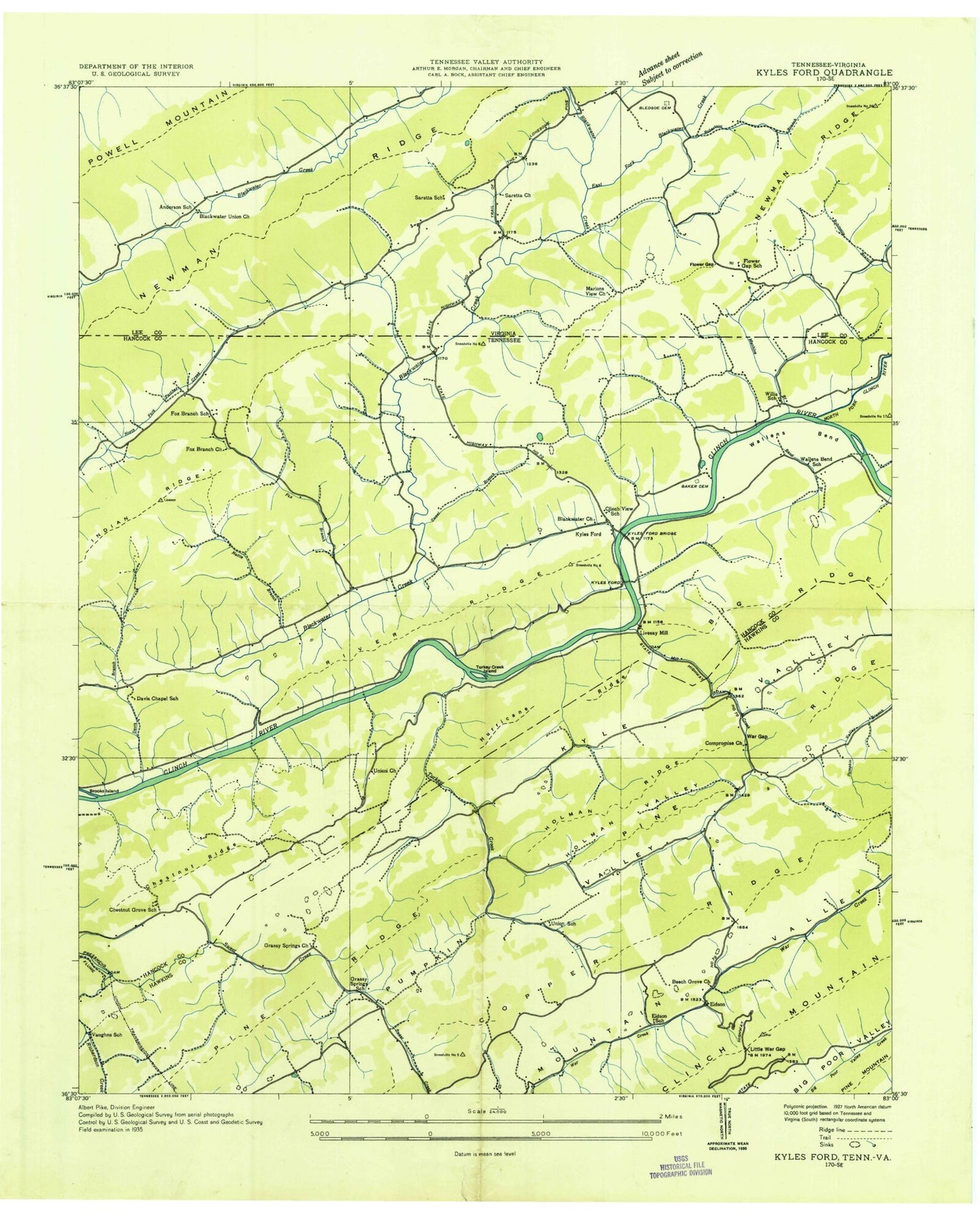 Classic USGS Kyles Ford Tennessee 7.5'x7.5' Topo Map Image
