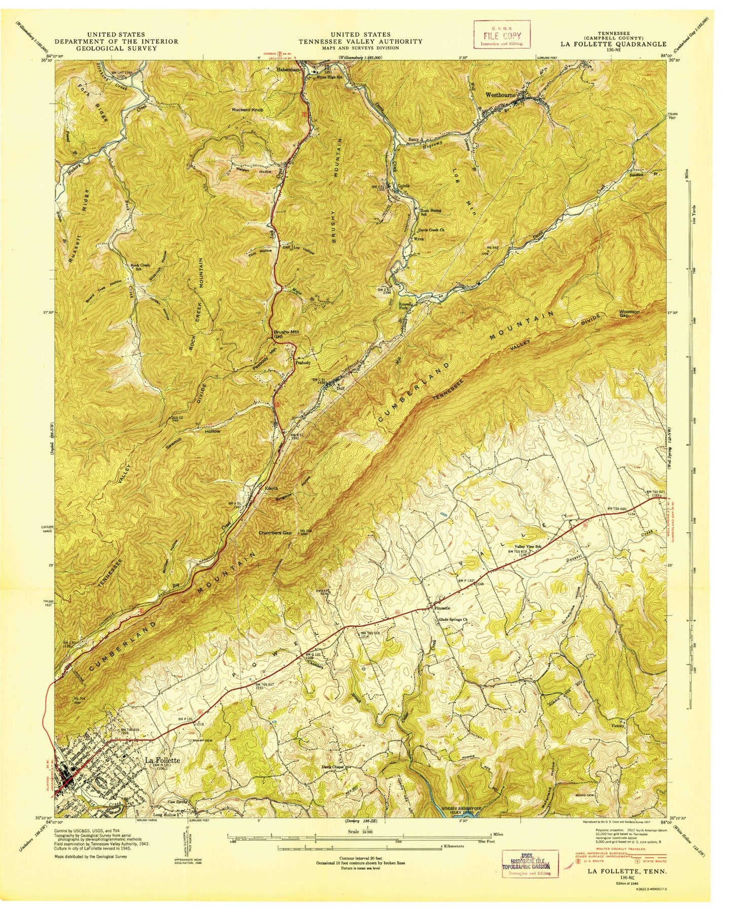 Classic USGS La Follette Tennessee 7.5'x7.5' Topo Map Image
