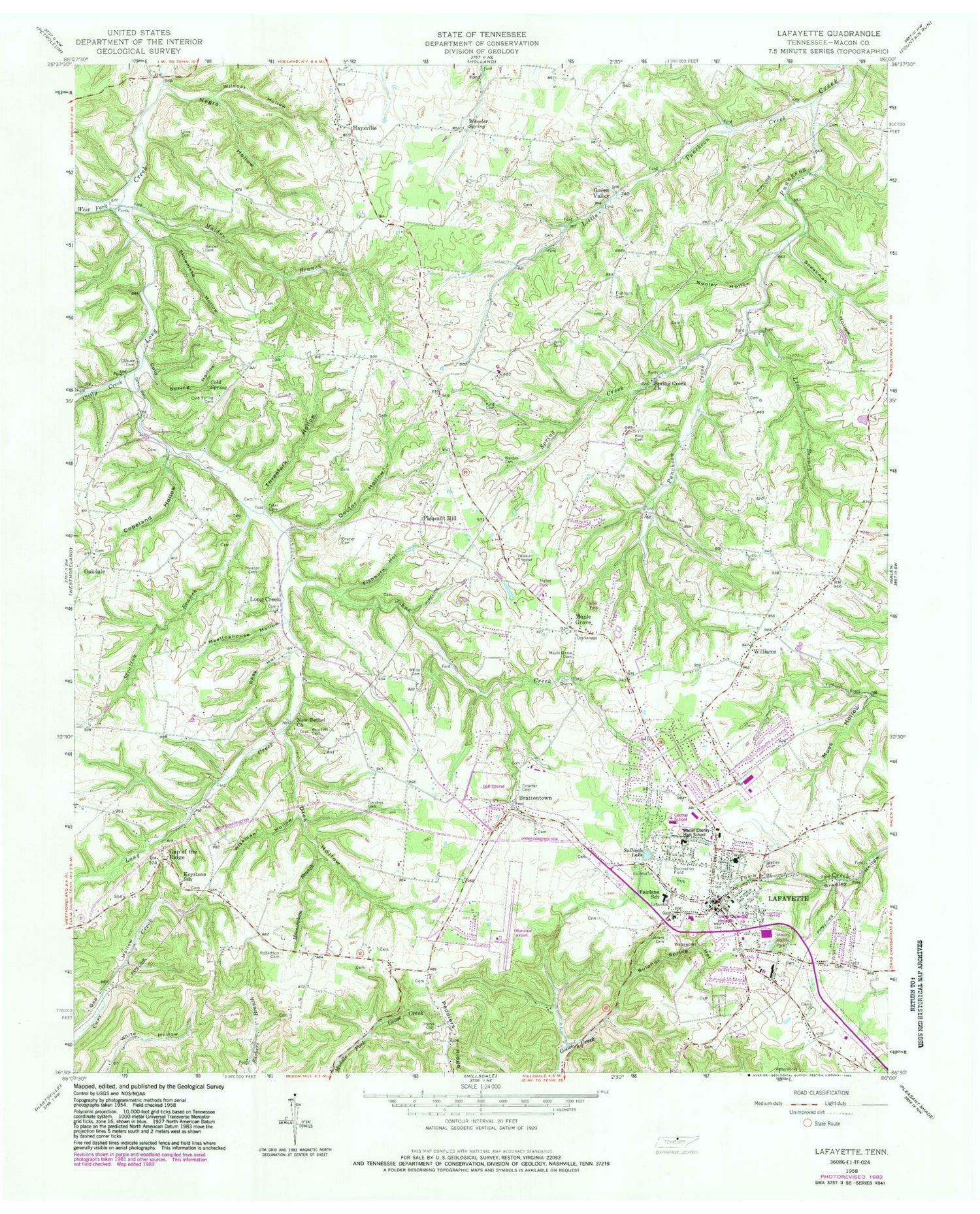 Classic USGS Lafayette Tennessee 7.5'x7.5' Topo Map Image