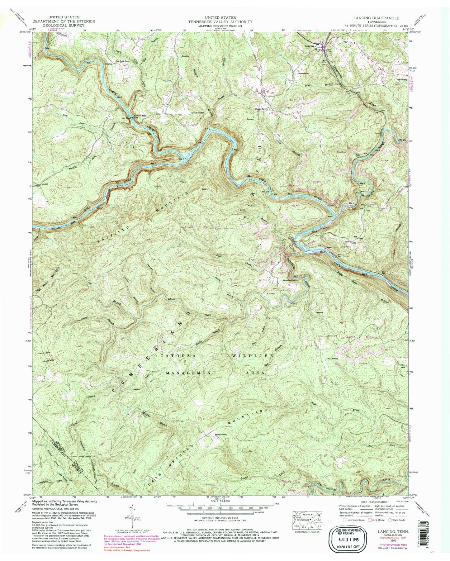 Classic USGS Lancing Tennessee 7.5'x7.5' Topo Map Image