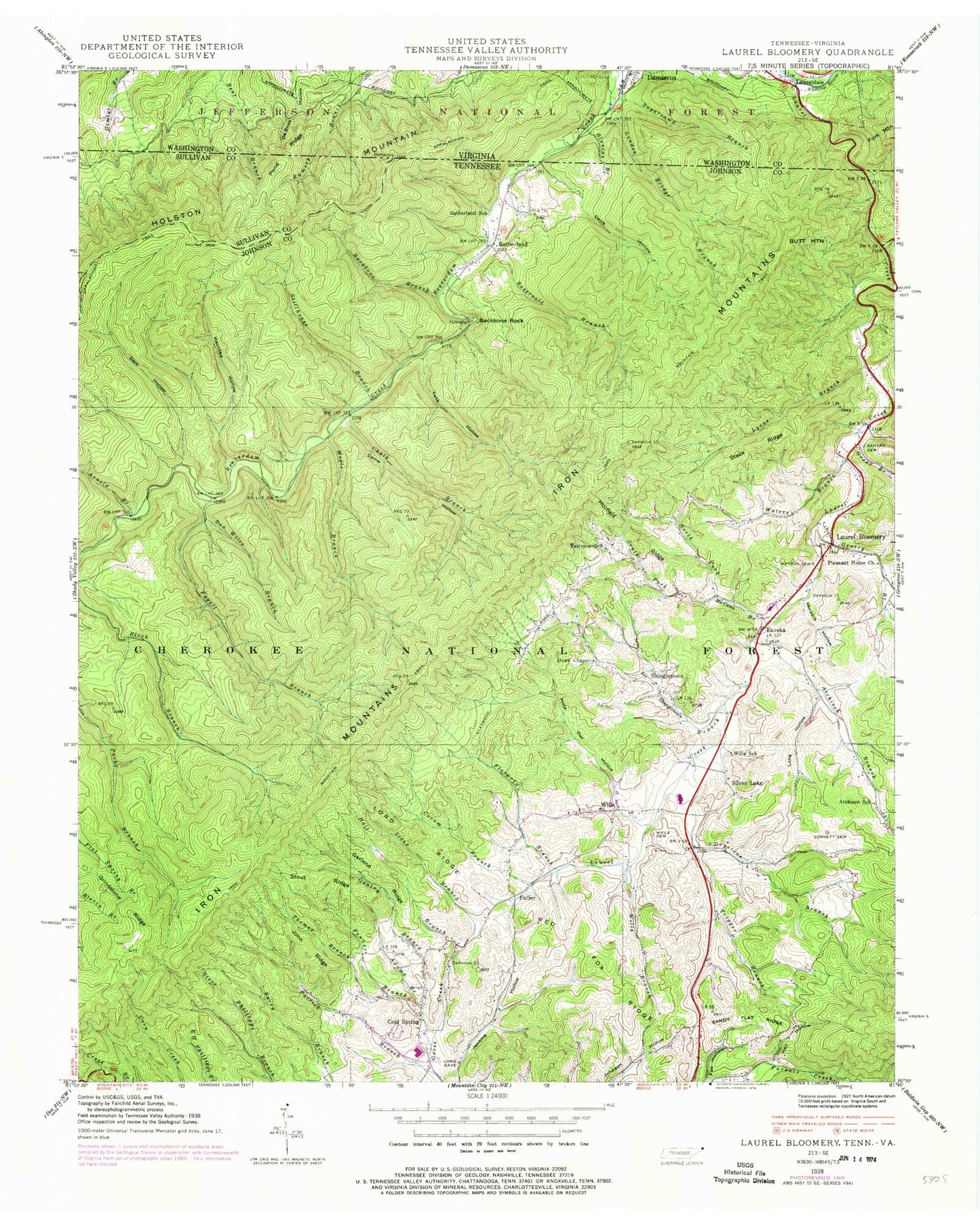 Classic USGS Laurel Bloomery Tennessee 7.5'x7.5' Topo Map Image