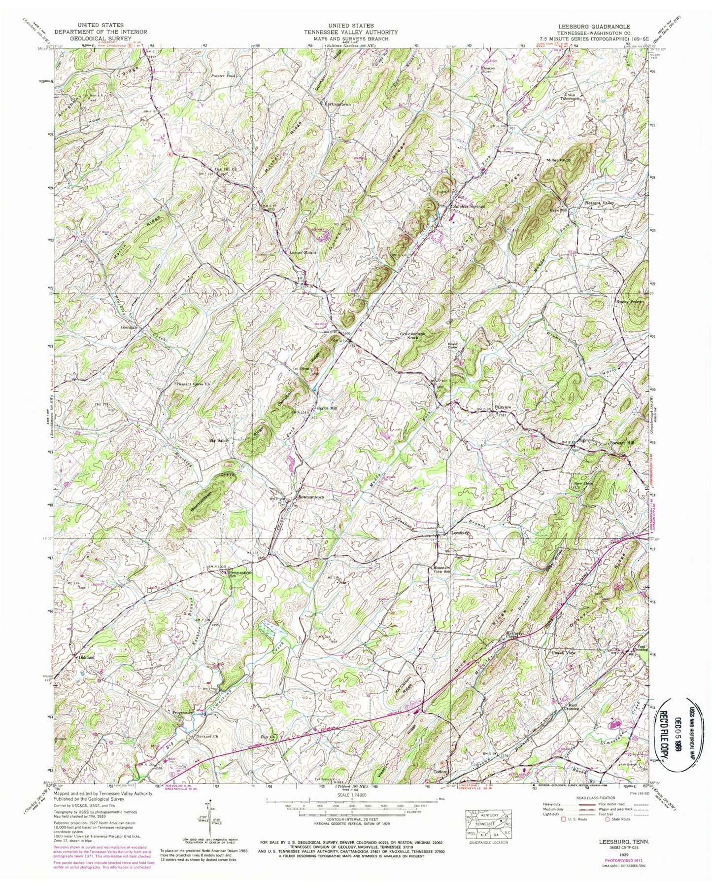 Classic USGS Leesburg Tennessee 7.5'x7.5' Topo Map Image