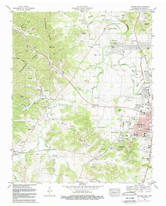Classic USGS Leipers Fork Tennessee 7.5'x7.5' Topo Map Image