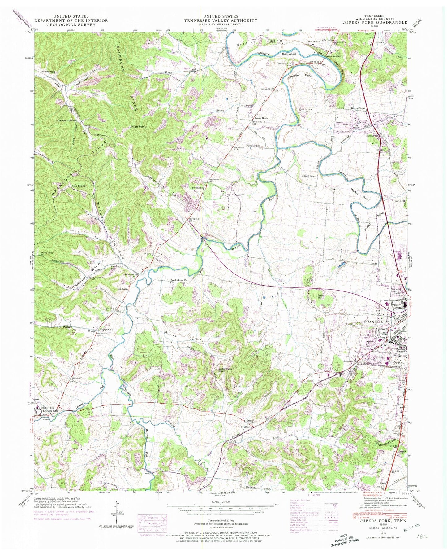 Classic USGS Leipers Fork Tennessee 7.5'x7.5' Topo Map Image