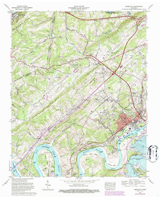 Classic USGS Lenoir City Tennessee 7.5'x7.5' Topo Map Image