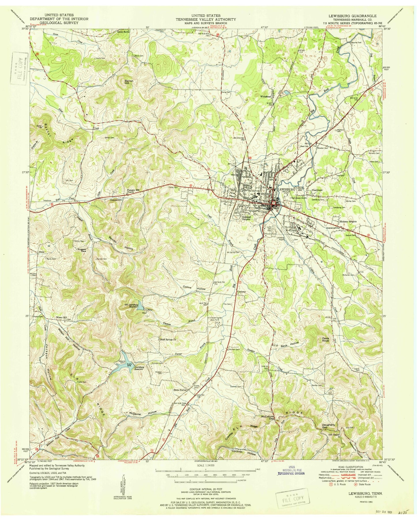 Classic USGS Lewisburg Tennessee 7.5'x7.5' Topo Map Image