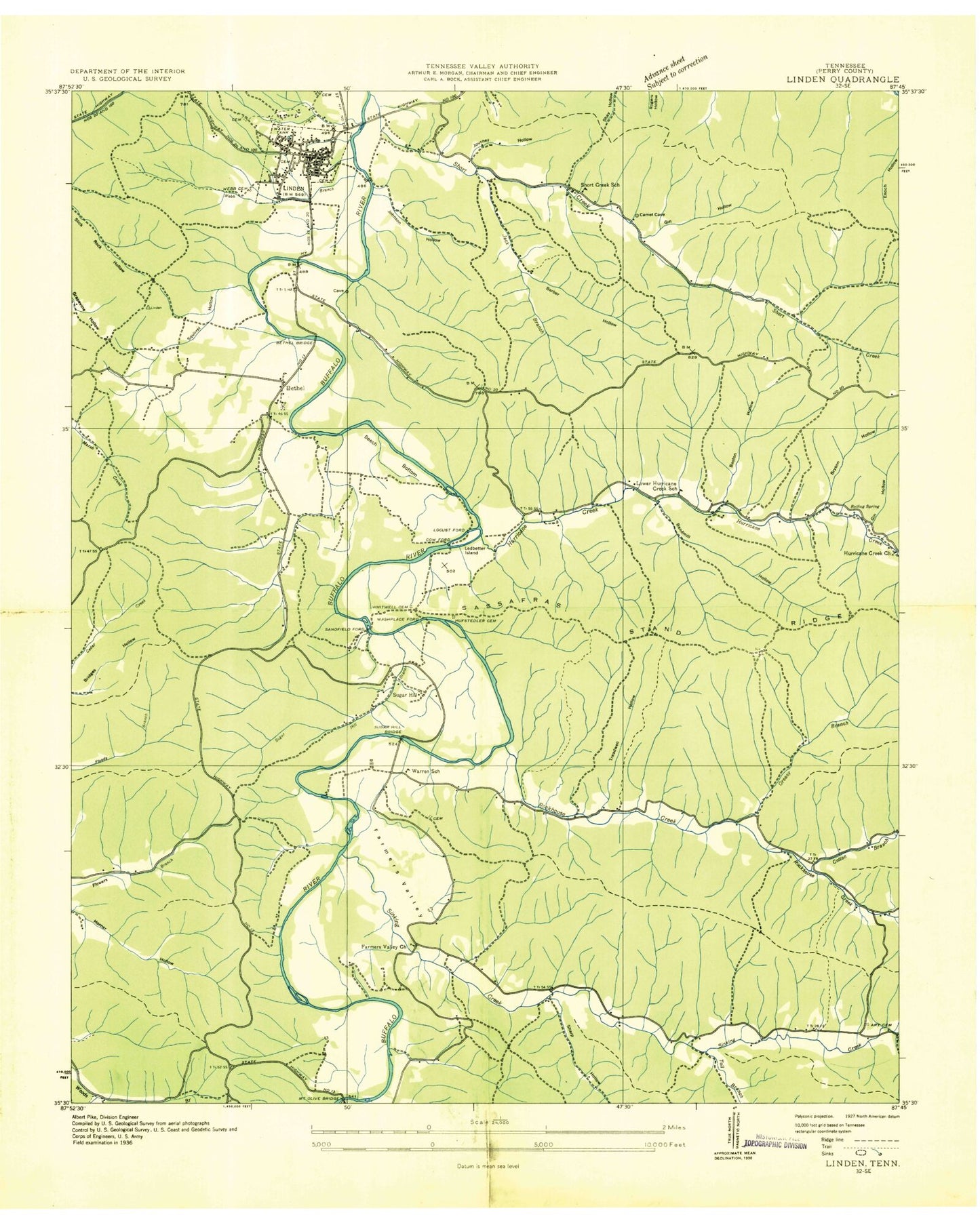 Classic USGS Linden Tennessee 7.5'x7.5' Topo Map Image