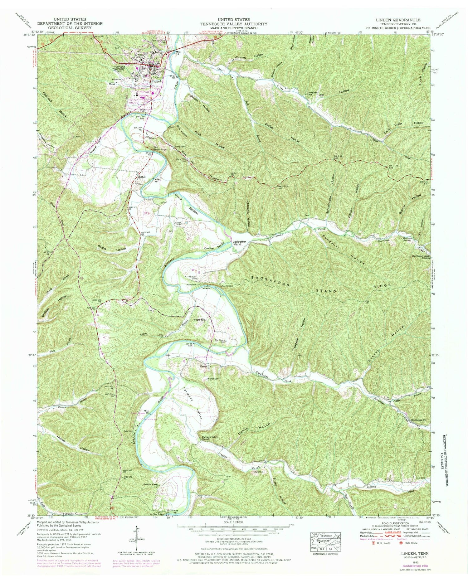 Classic USGS Linden Tennessee 7.5'x7.5' Topo Map Image