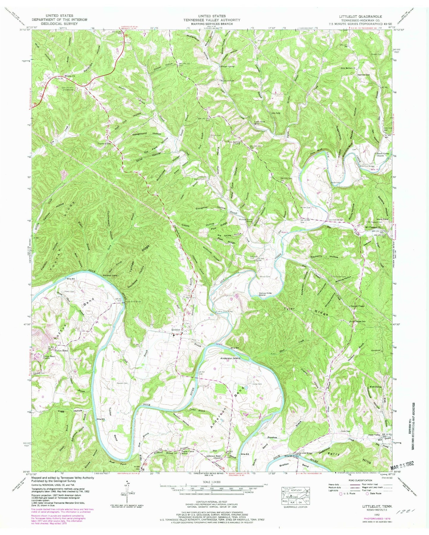 Classic USGS Littlelot Tennessee 7.5'x7.5' Topo Map Image