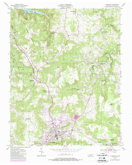 Classic USGS Livingston Tennessee 7.5'x7.5' Topo Map Image