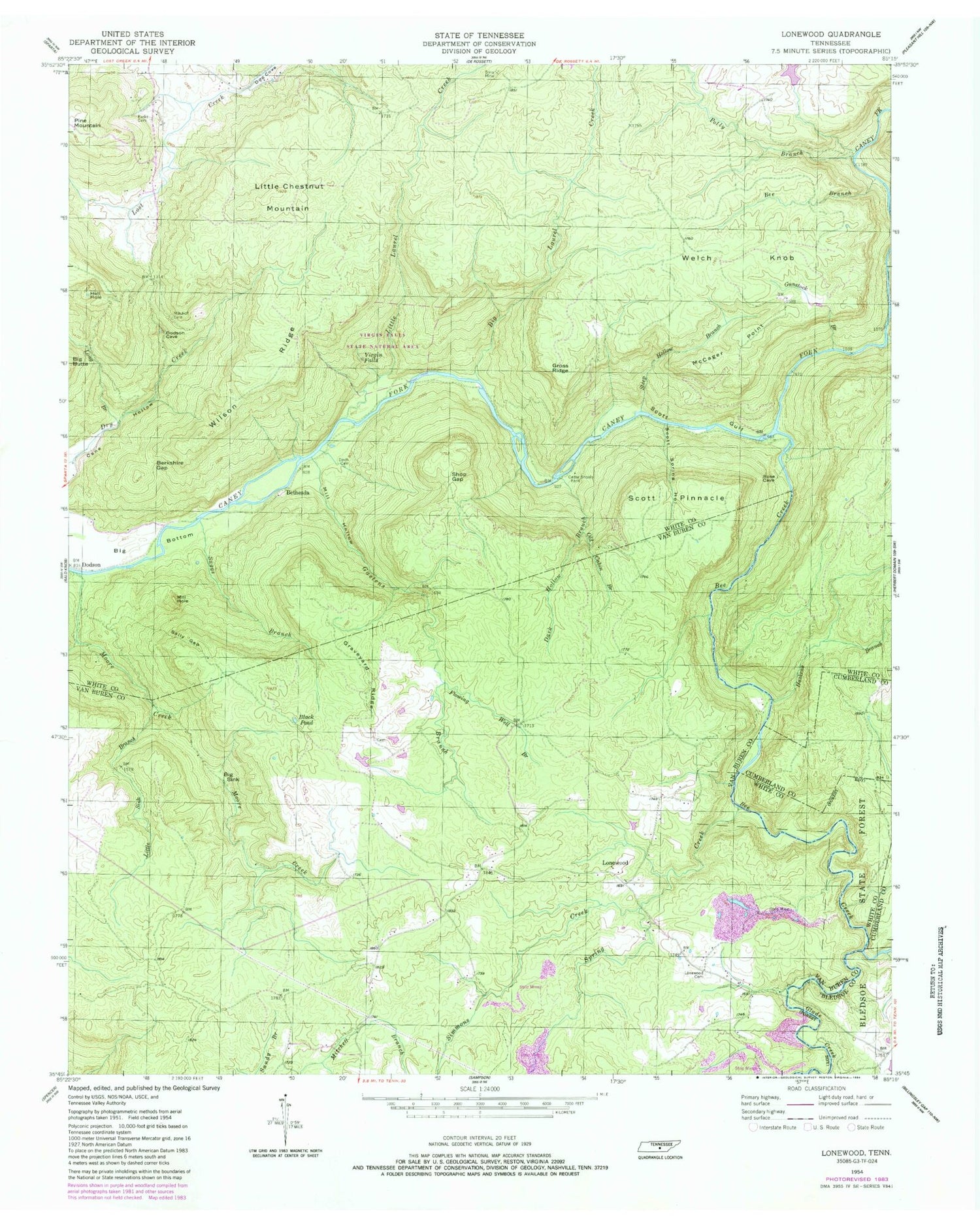 Classic USGS Lonewood Tennessee 7.5'x7.5' Topo Map Image