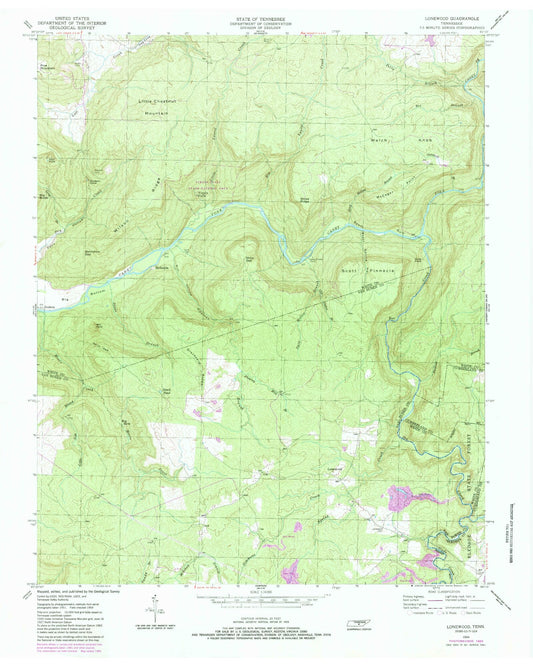 Classic USGS Lonewood Tennessee 7.5'x7.5' Topo Map Image