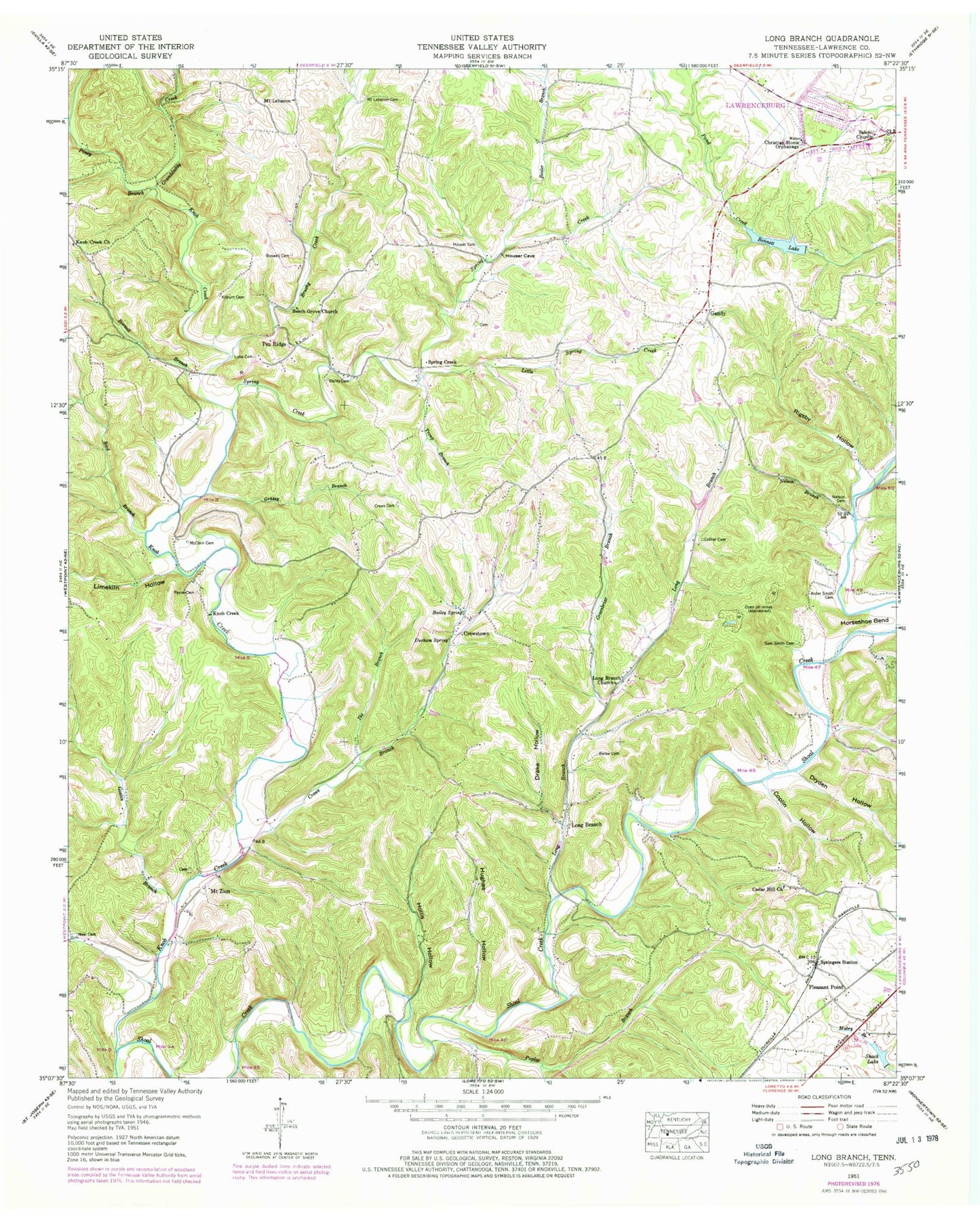 Classic USGS Long Branch Tennessee 7.5'x7.5' Topo Map Image