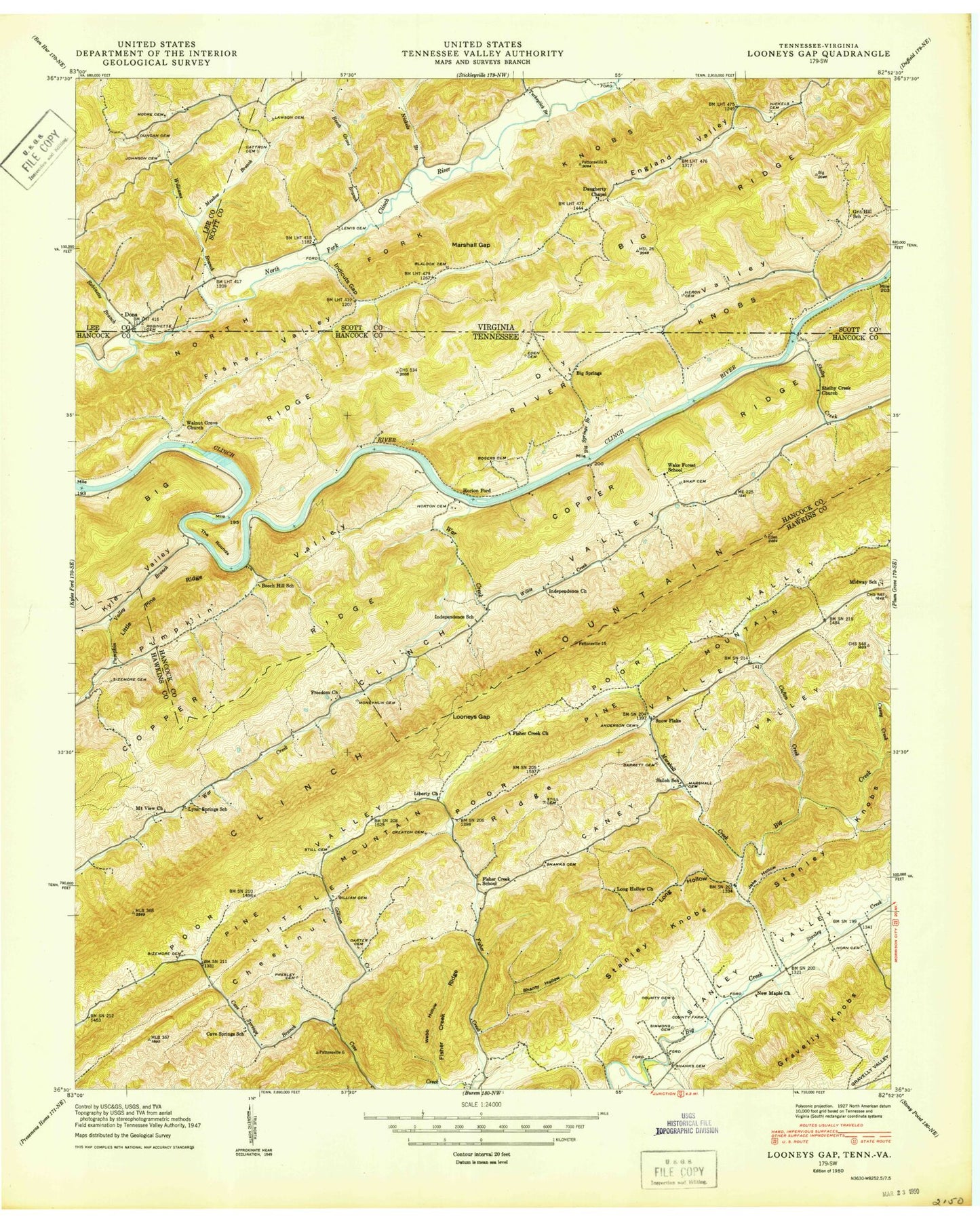 Classic USGS Looneys Gap Tennessee 7.5'x7.5' Topo Map Image