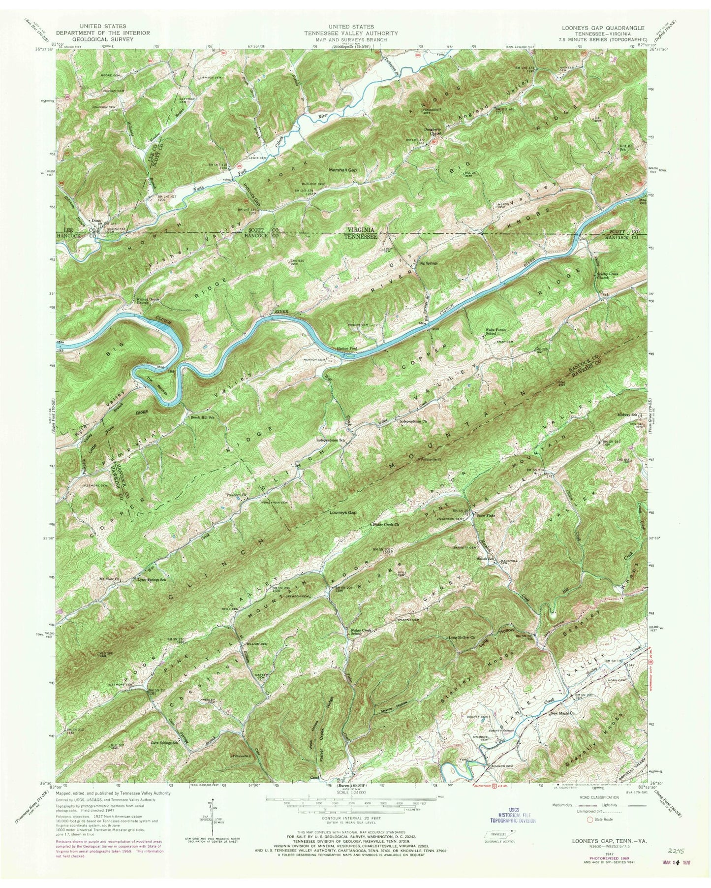 Classic USGS Looneys Gap Tennessee 7.5'x7.5' Topo Map Image