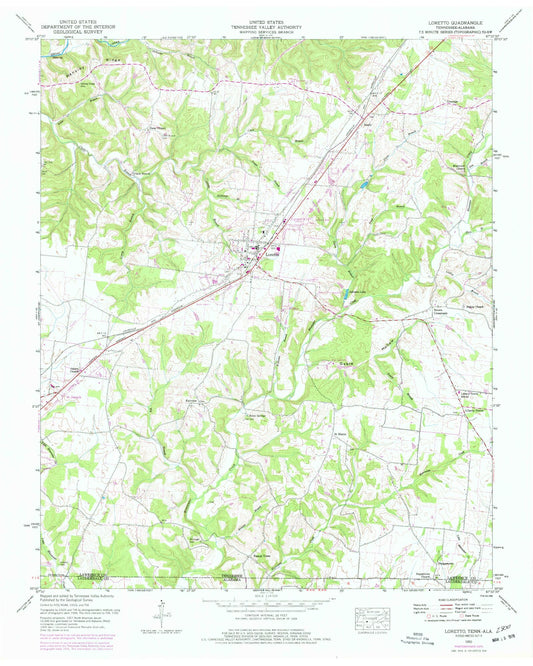 Classic USGS Loretto Tennessee 7.5'x7.5' Topo Map Image