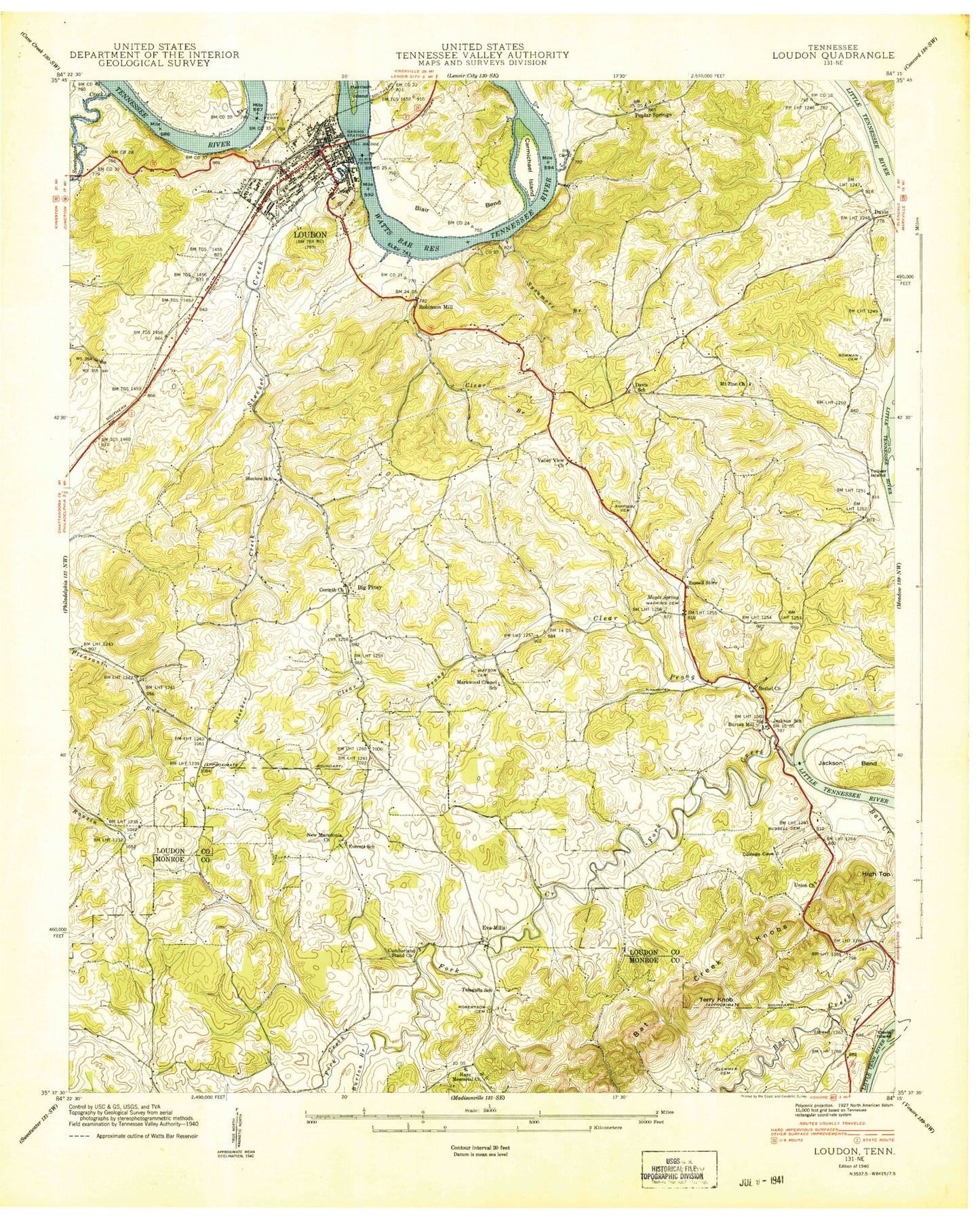 Classic USGS Loudon Tennessee 7.5'x7.5' Topo Map Image